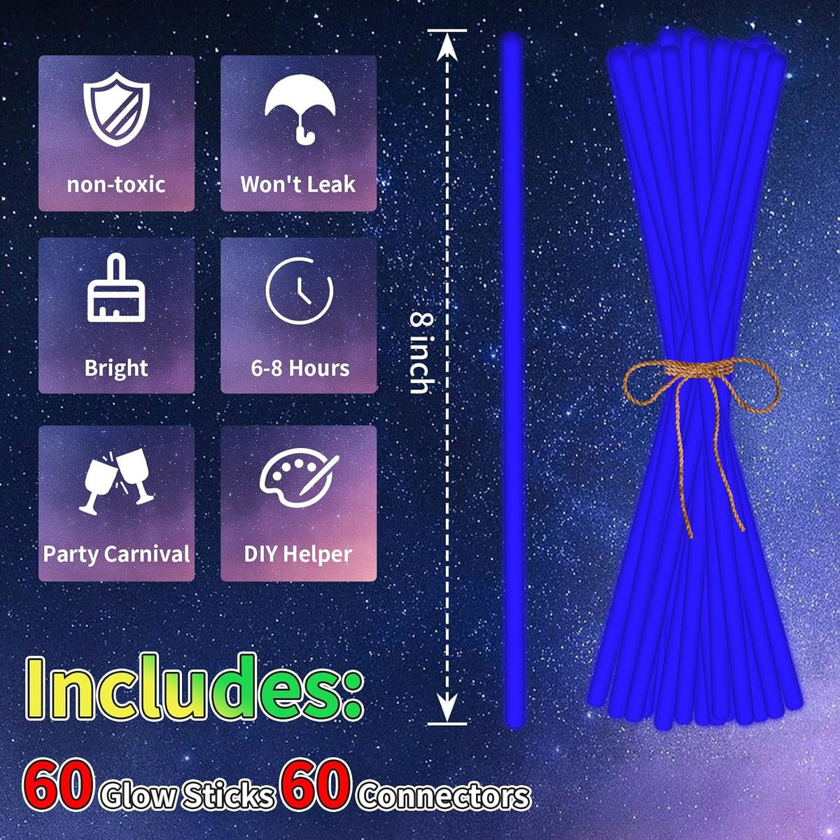 60 Pack 8” Blue Glow Sticks Bulk with 60 Connectors Neon Glow In The Dark Party favors Supplies for