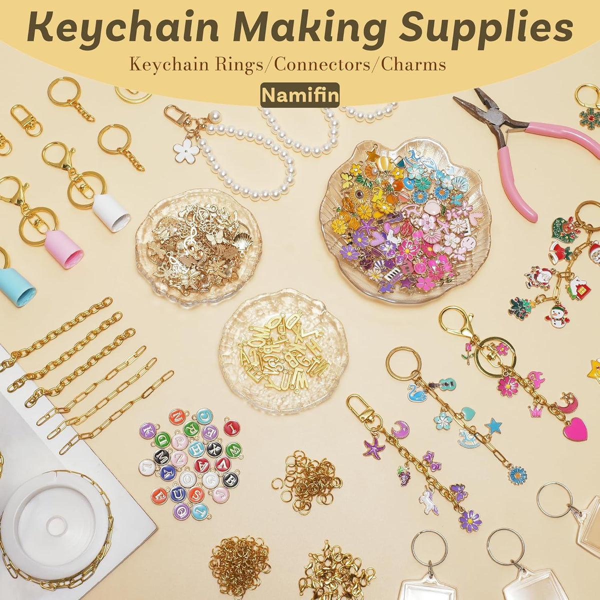 Namifin 384 Pcs Lip Gloss Keychain Making Kit with Charms & Keychain Clips - DIY Bag Charms, Photo