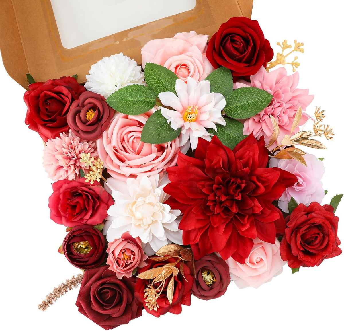 Floweroyal Artificial Flowers Combo Red Flowers Mix Silk Flowers Dahlia Roses with Stems for DIY