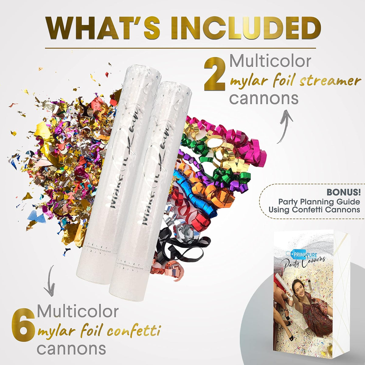PrimePure Confetti Cannon Party Poppers - Metallic Foil Multicolor Confetti Poppers & Streamers - 8