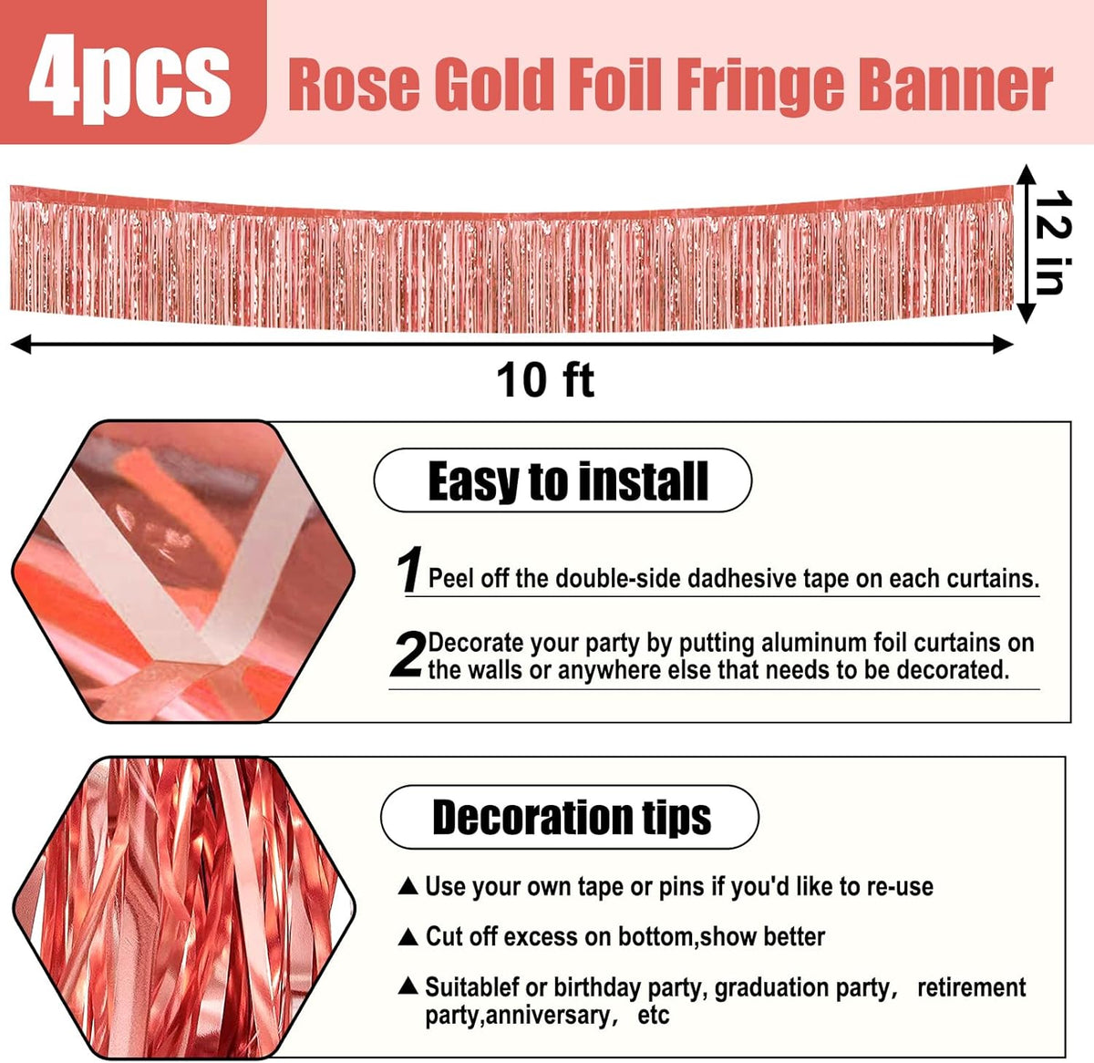 4 Pack 10 Feet Rose Gold Foil Fringe Garland Metallic Tinsel Streamers Banner Wall Hanging Curtain