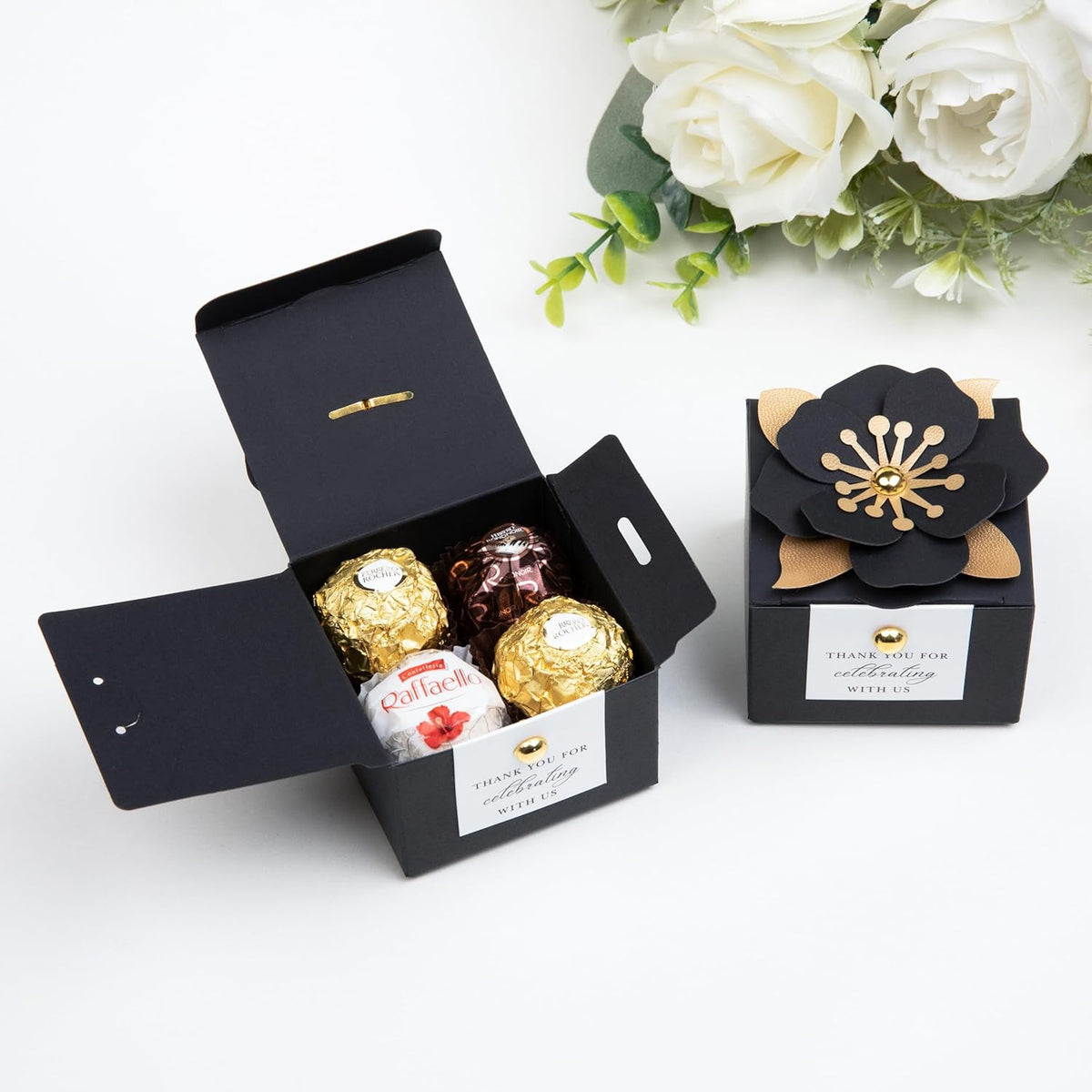 FEIYI 20 PCS Candy Boxes, 3 In 1 Black Favor Boxes with Floral Decor, White Thank You Tags Gift