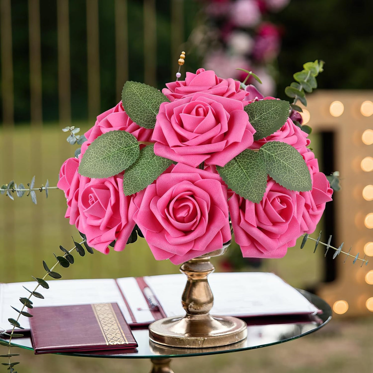 AmyHomie 25pcs Real Looking Artificial Hot Pink Roses w/Stem for DIY Wedding Bouquets Centerpieces