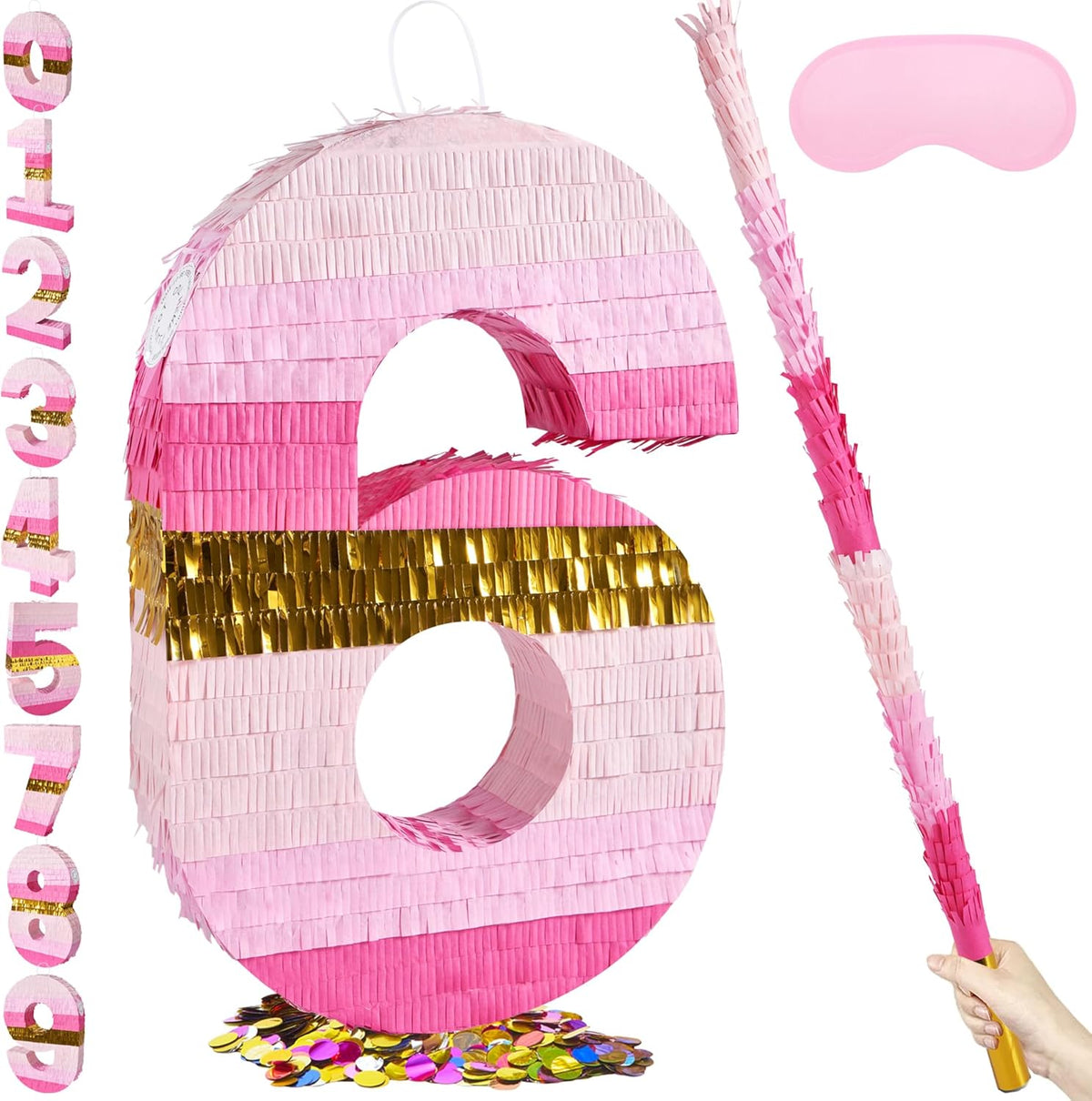 PCFING 20 Inch Number 6 Piñata Pink Gold with 30 Inch Piñata Stick Blindfold Confetti for Boys