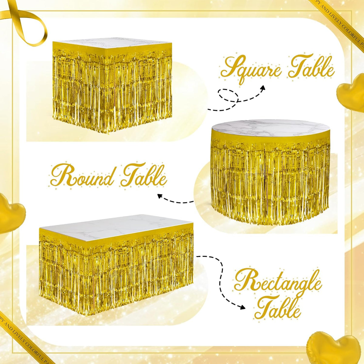 2 Pack Gold Table Skirts, 29x108" Metallic Foil Tinsel Fringe Table Skirts for Rectangle Tables