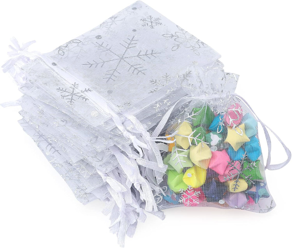jijAcraft 3x4 Inch Christmas Organza Bags - 50Pcs White Snowflake Gift Bags with Drawstring, Xmas