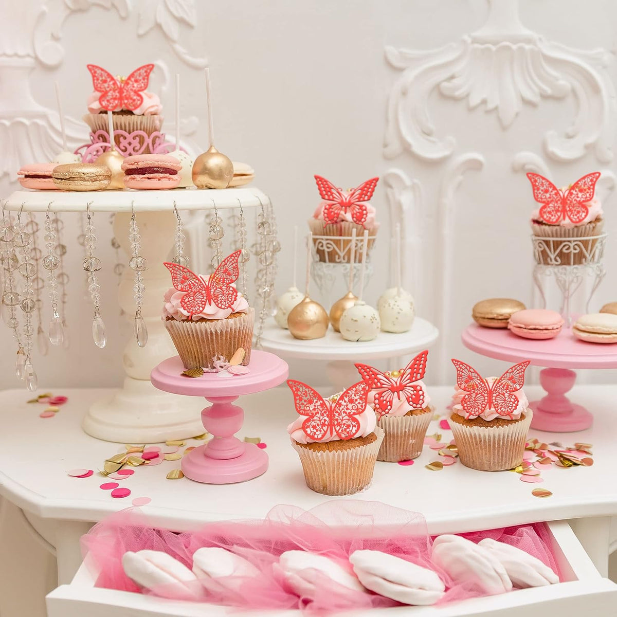 Gyufise 36 Pack Red Glitter 3D Butterfly Cupcake Toppers Hollow Cake Decorations for Birthday