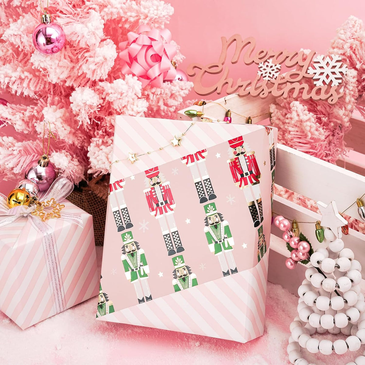 LeZakaa Christmas Pink Wrapping Paper Jumbo Roll for Kids, Pink Metallic Foil Gift Wrap Paper with