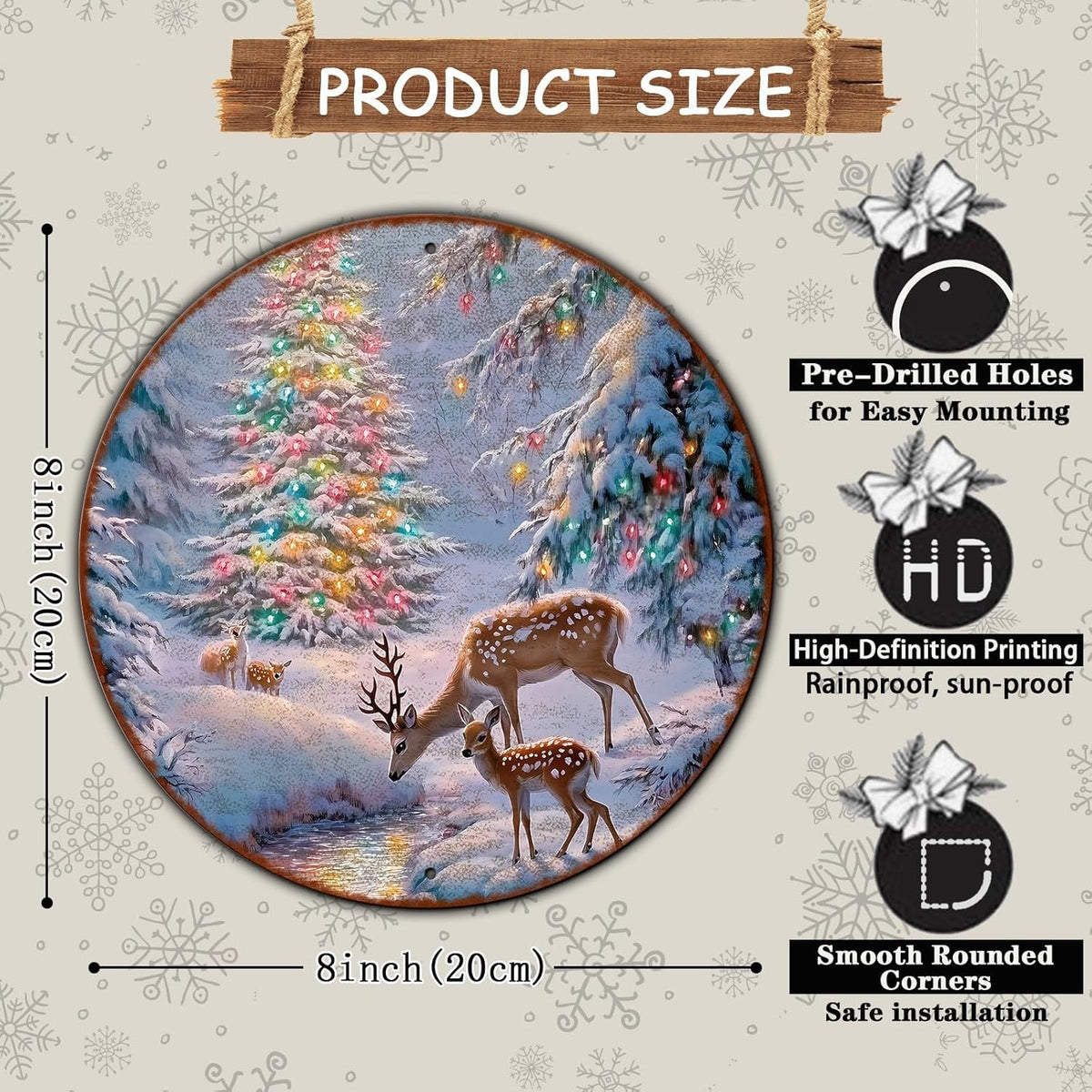 Christmas Tree Decor Round Metal Tin Sign Christmas Deer Vintage Tin Sign for Home Coffee Wall