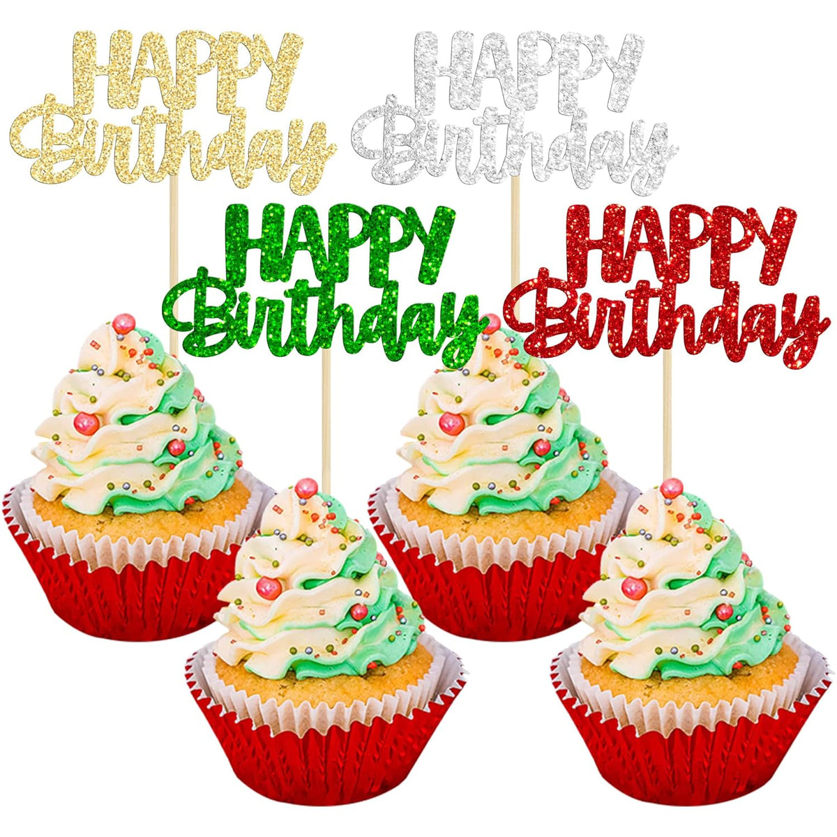 Gyufise 24Pcs Happy Birthday Cupcake Toppers Glitter Birthday Cupcake Food Picks for Celebrating