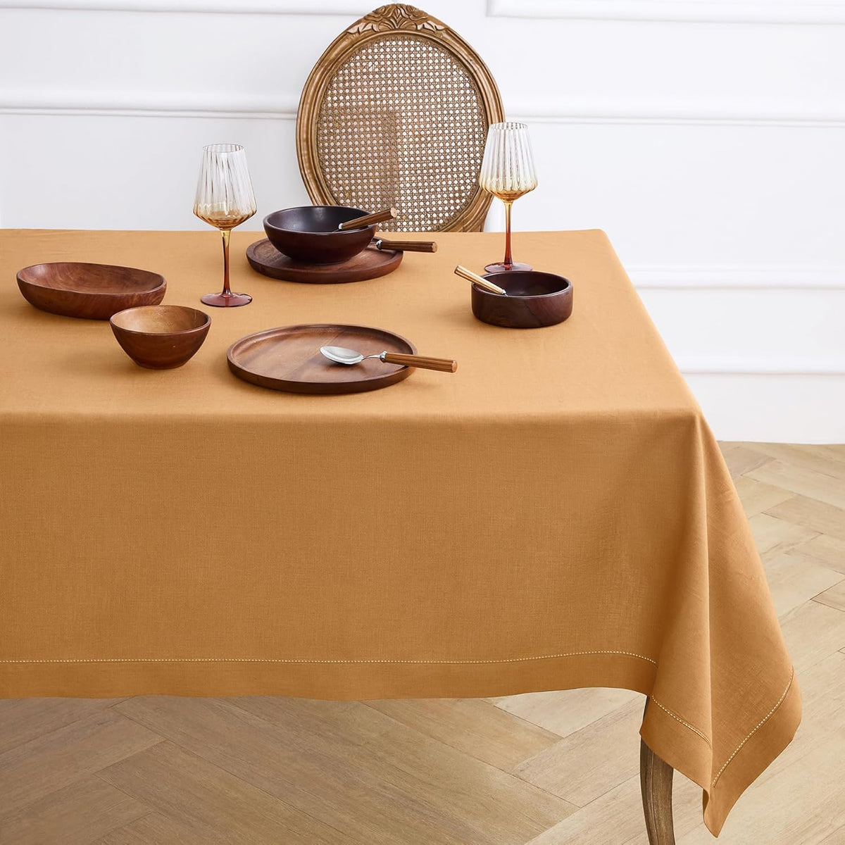 Solino Home Brown Sugar Linen Tablecloth 60 x 90 Inch - Classic Hemstitch, 100% Pure Linen