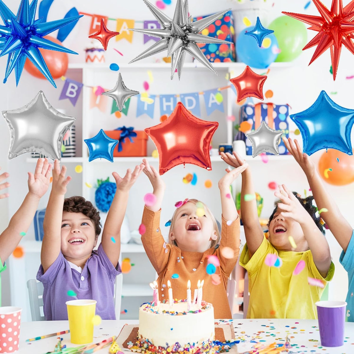 16 Pcs Red Blue Silver Star Balloons,22/18/10 Inch Foil Balloons, Four-Pointed Balloon for Kids Boy