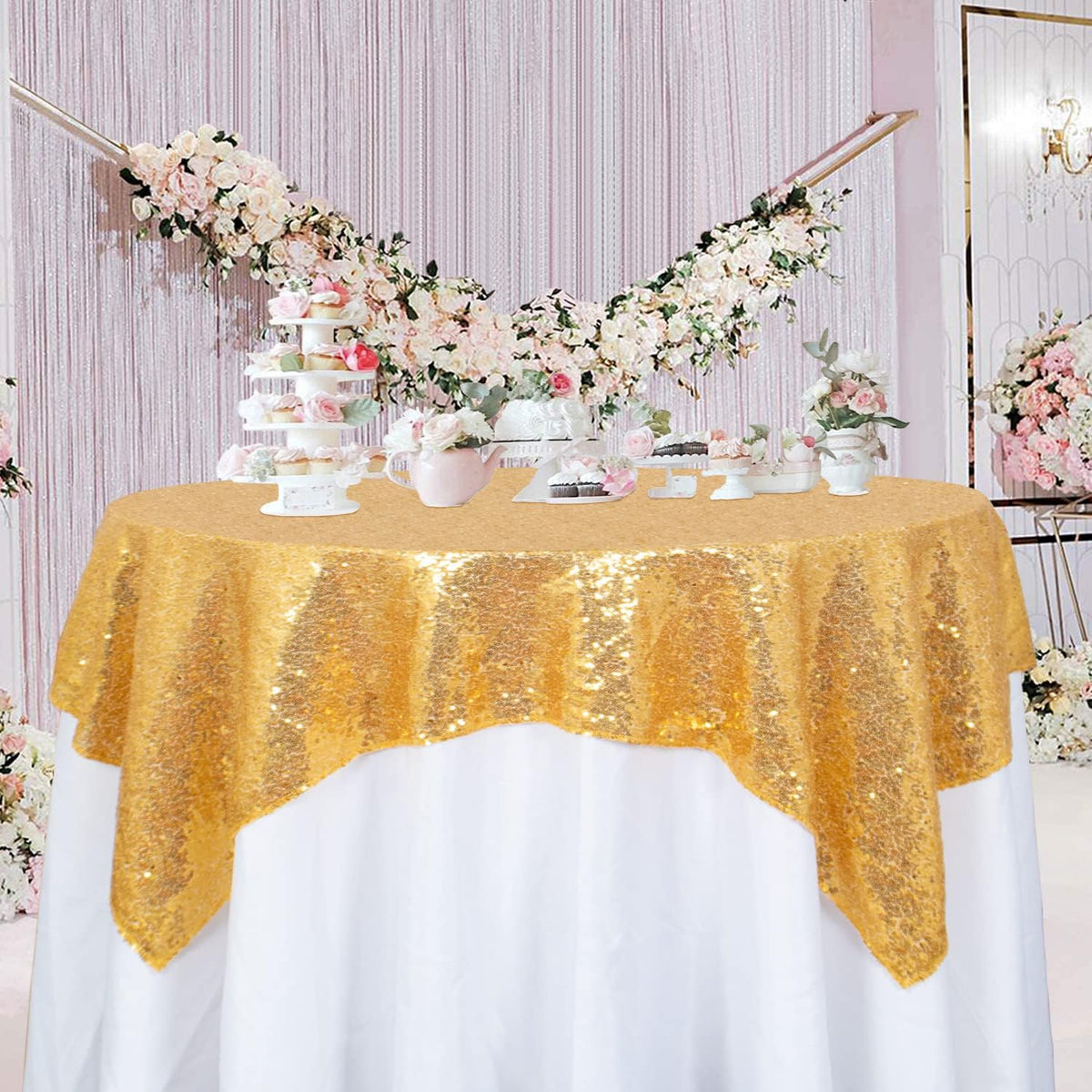 ShinyBeauty Gold Tablecloths 36X36 Inch, 2 Pieces Sequin Table Cloth for Party Sparkle Tablecloth