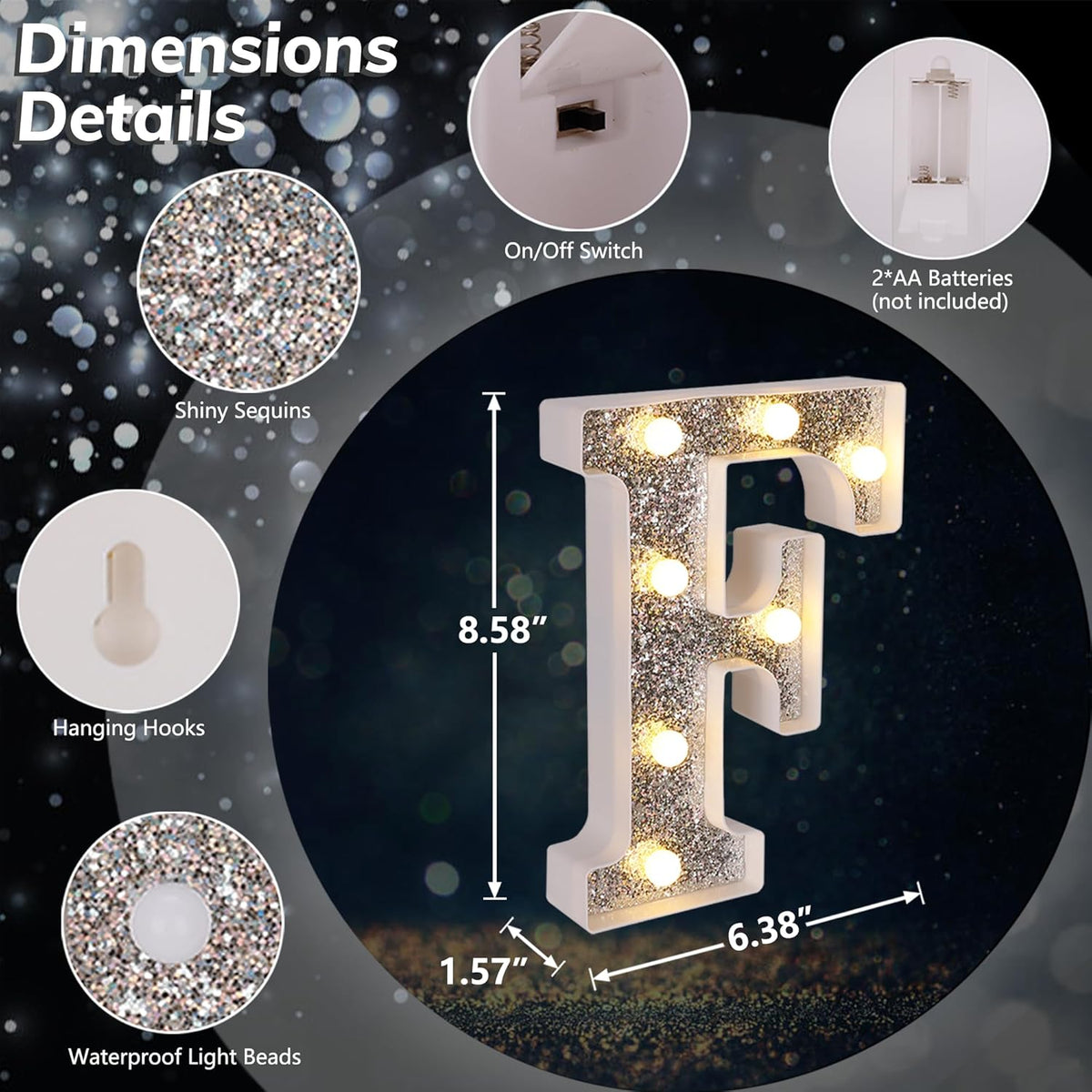 Marquee Light Up Letters, Glitter Silver LED Letter Lights Battery Powered Alphabet Letter Sign for