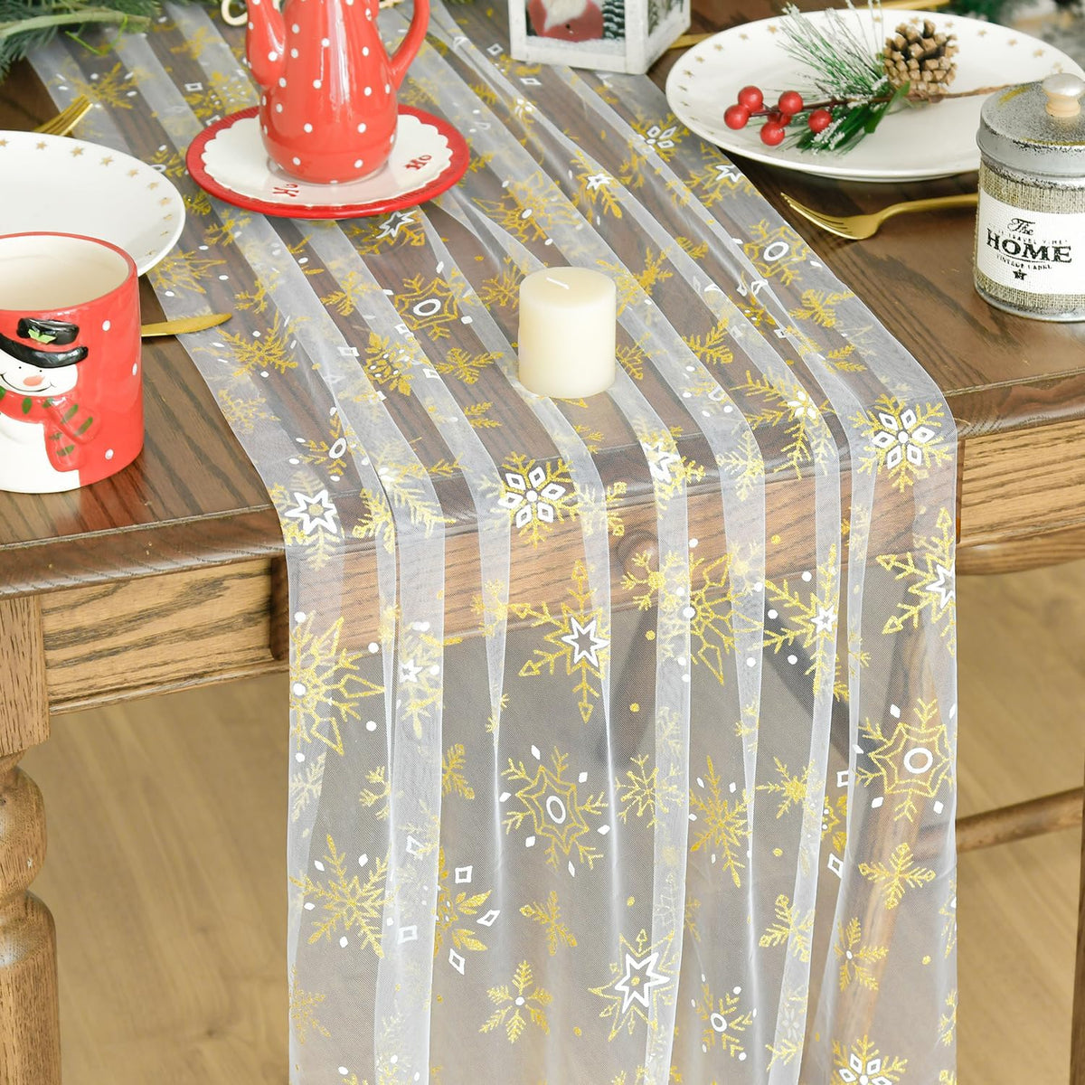Artoid Mode Gold Snowflakes Christmas Gauze Table Runner 120 Inch 10FT, Winter Seasonal Sheer