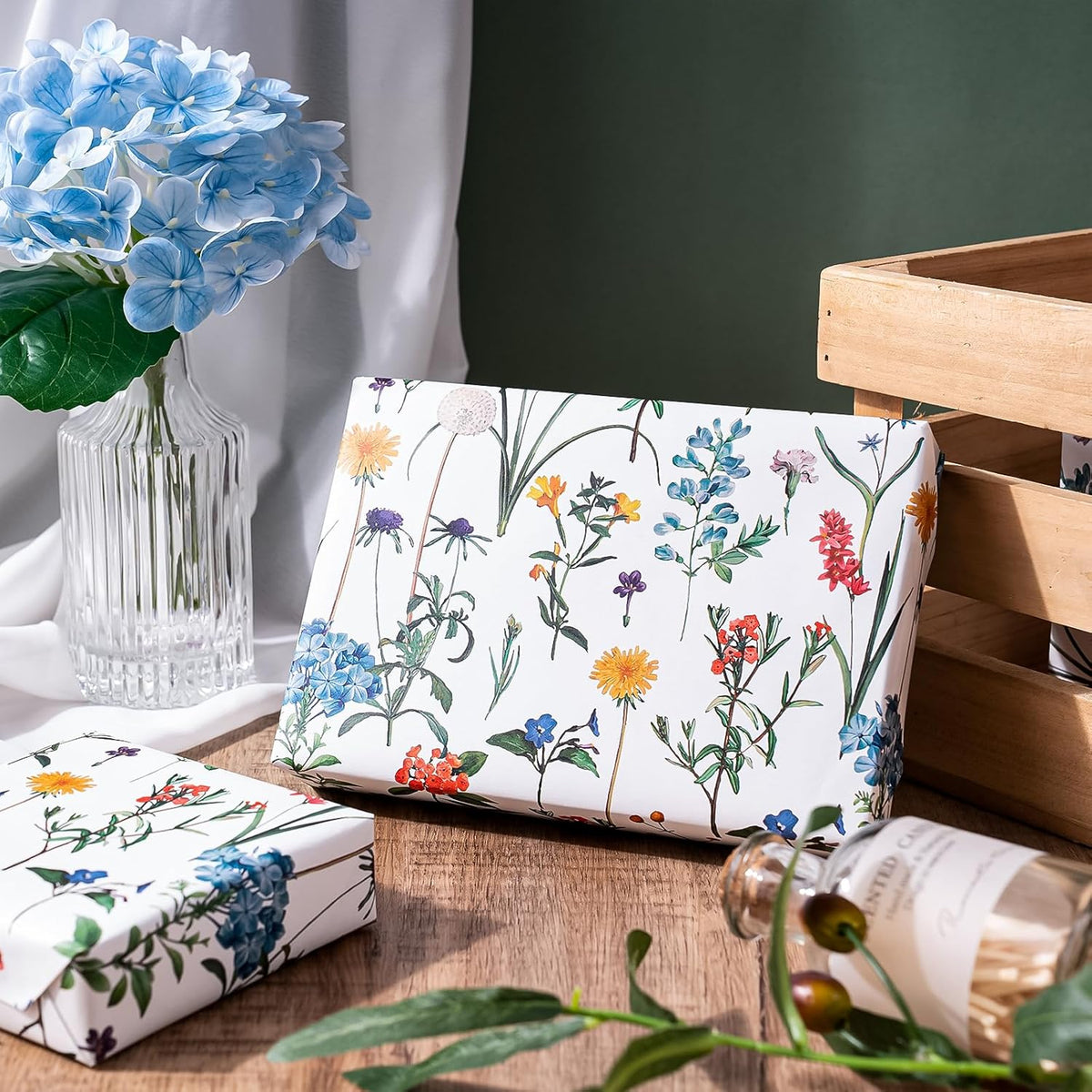 WRAPAHOLIC Kraft Wildflower Wrapping Paper - Mini Roll - 17 Inch x 16.5 Feet - Floral Wrapping