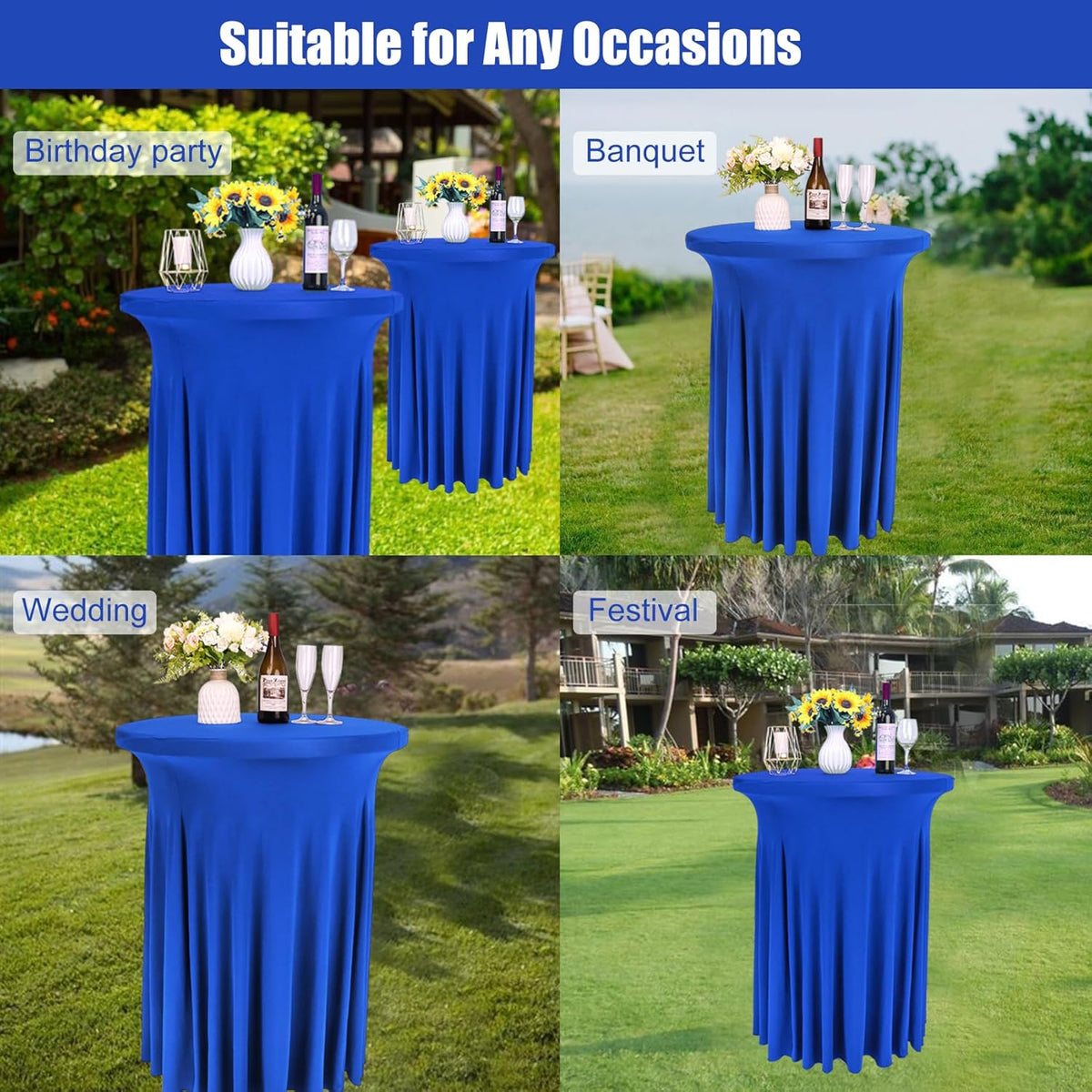 6 Pack Round Cocktail Tablecloth 32"x 43" Spandex Cocktail Table Skirt, Washable Stretch Fitted