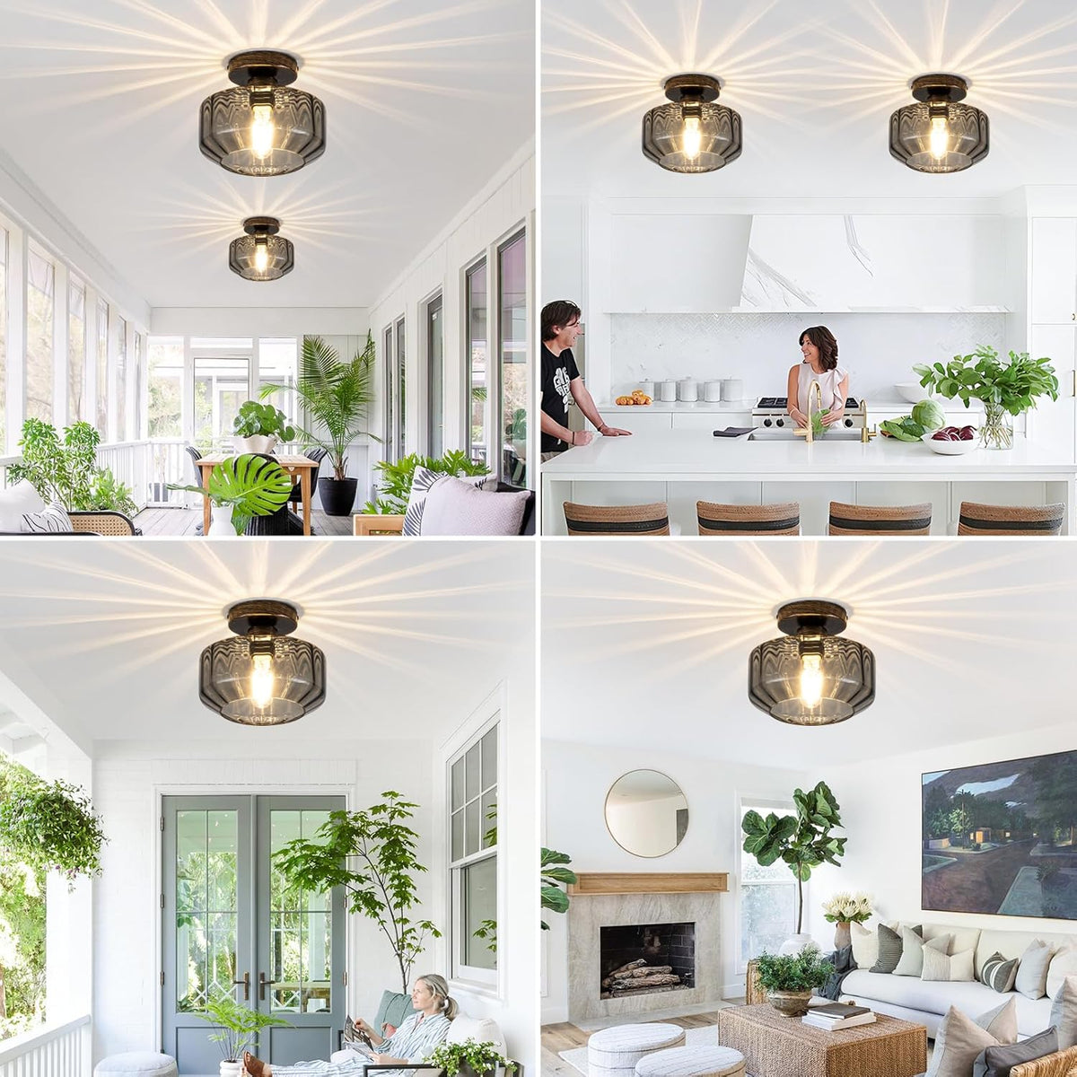 Smoked Glass Flush Mount Ceiling Light with 1200LM LED - Black Champagne Gold 8.66" Damp Rated