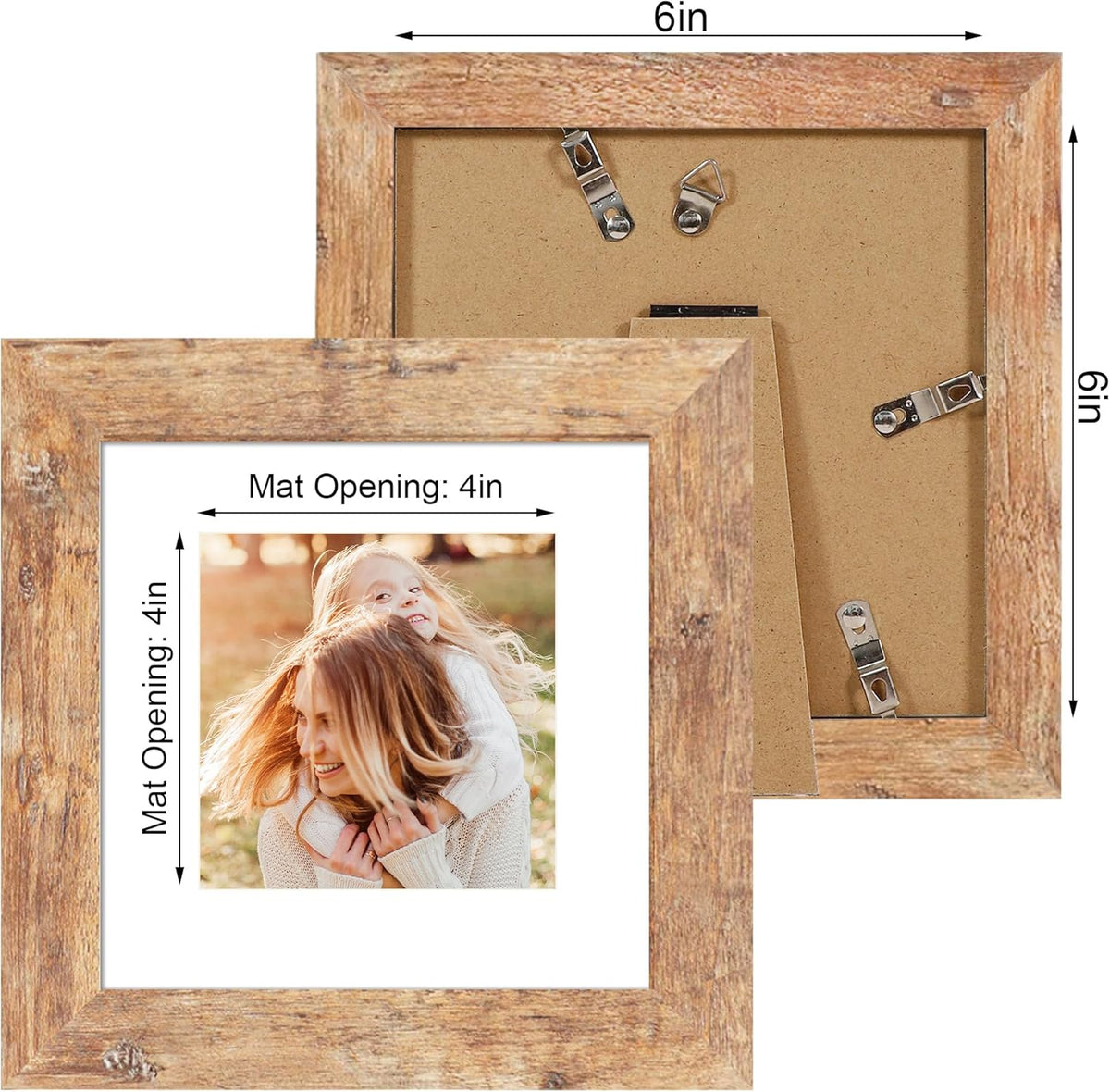6x6 Picture Frame Set of 4 with Real Glass, Rustic Brown Frames Display 4x4 Picture with Mat or 6 x