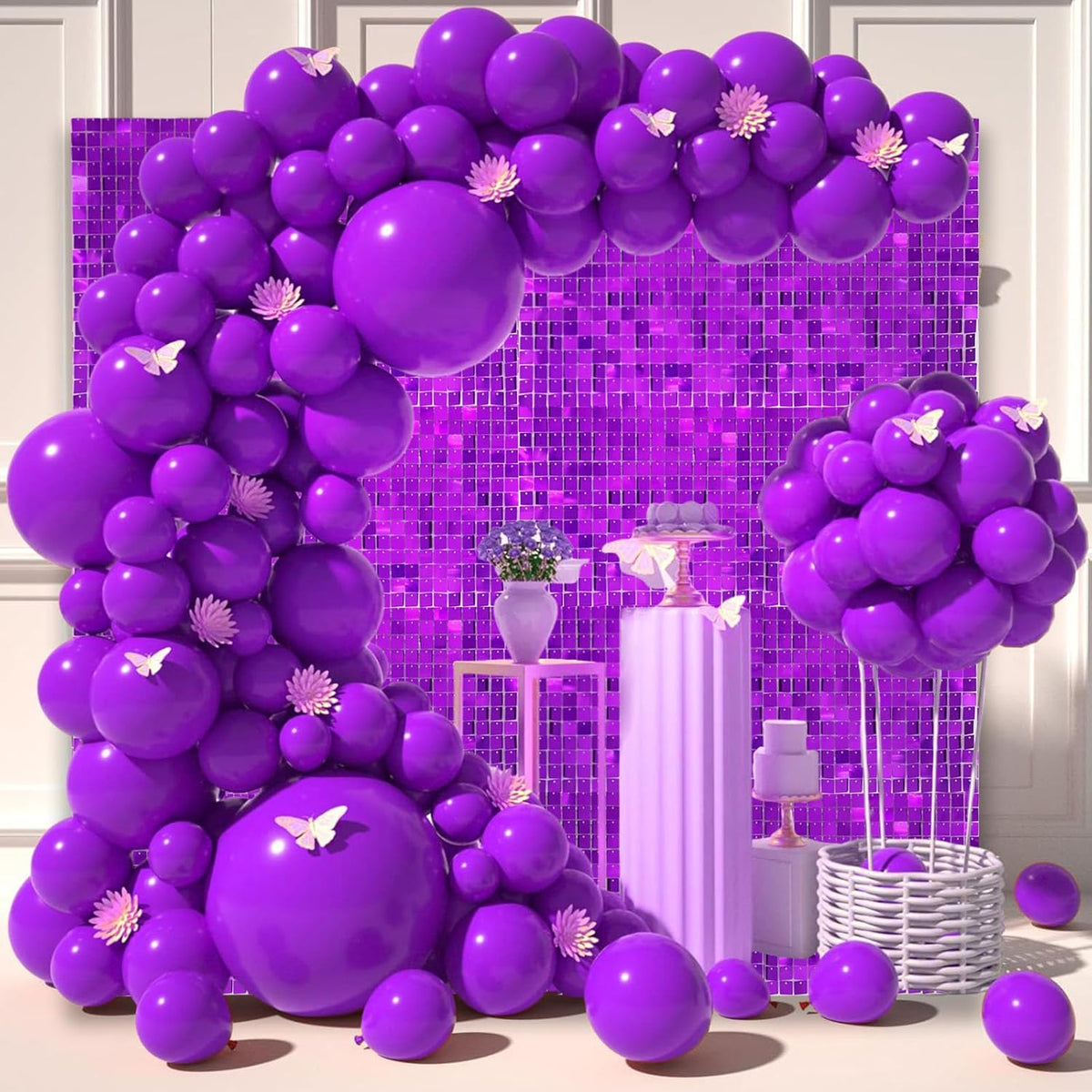 12PCS Purple Shimmer Wall Backdrop, Square Sequin Photo Backdrops Panel, Glitter Wall Background