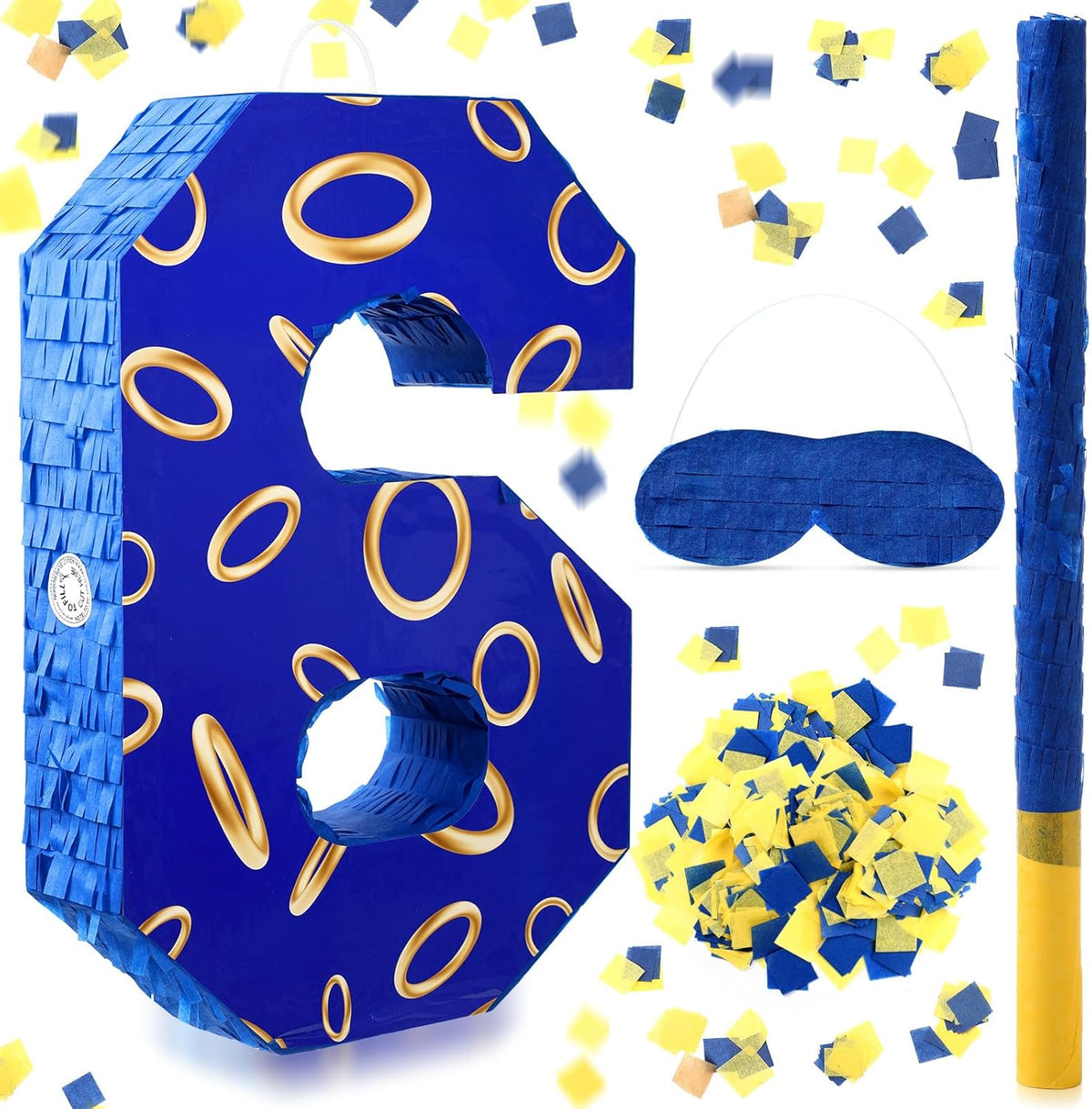 Number 6 Blue and Golden Rings Piñata for Kids Birthday Cartoon Theme Small Piñata with Blindfold