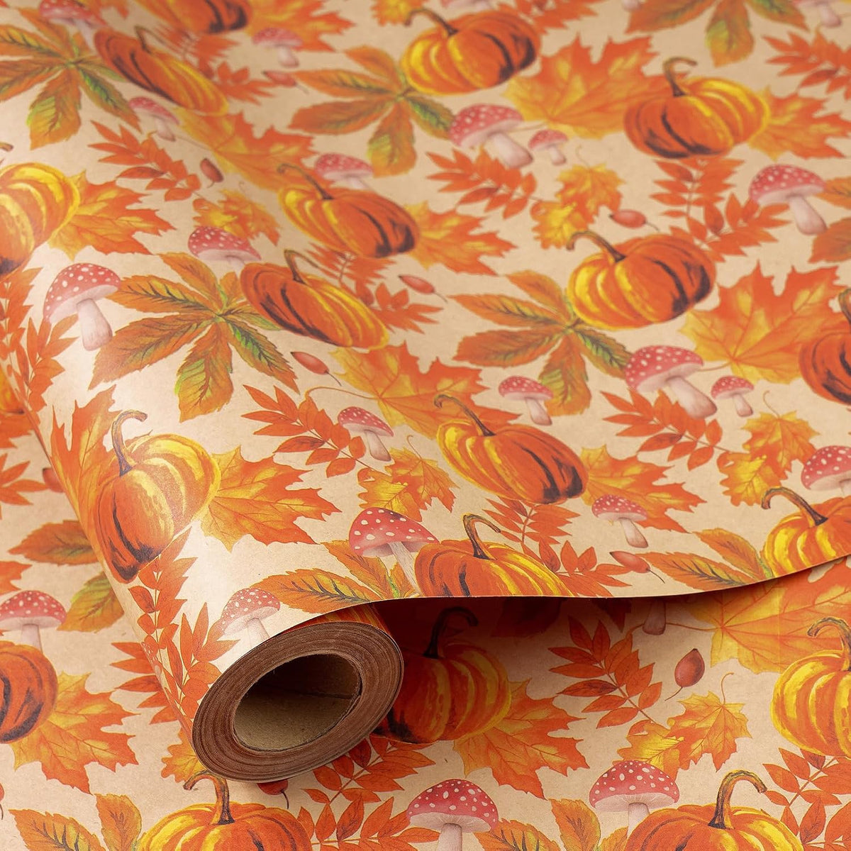 RUSPEPA Fall Wrapping Paper Roll, Mini Roll, Watercolor Pumpkin, Autumn Leaf and Mushroom Design