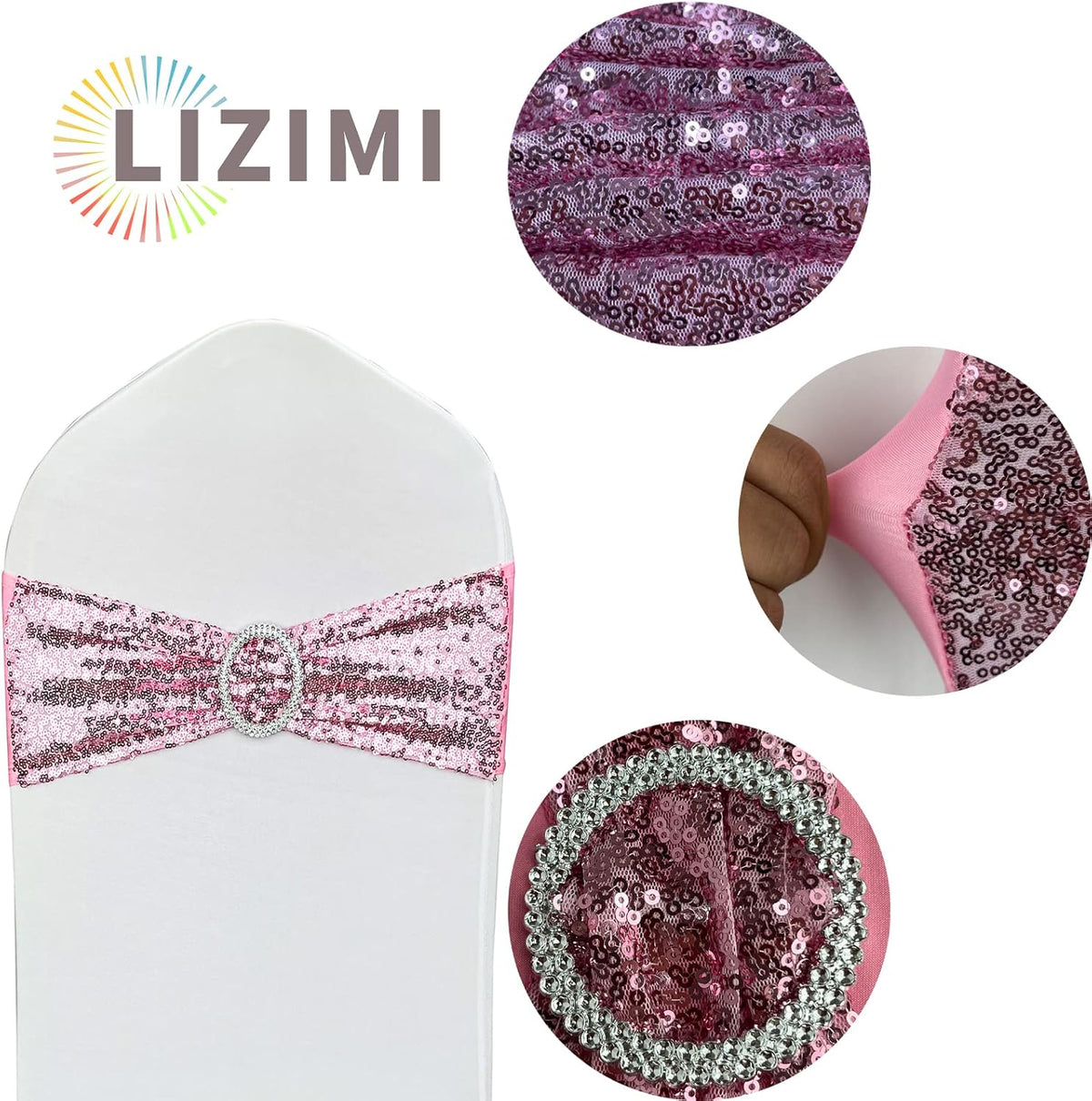 10 Pcs Chair Sashes Sequin Stretch Chair Bands Spandex Polyester Bows for Party Hotel Wedding