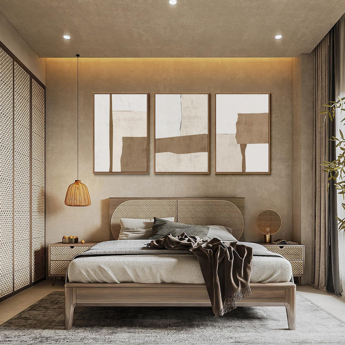 myusuar 3 Piece Large Modern Abstract Canvas Framed Wall Art For Living Room, Brown And Beige Block