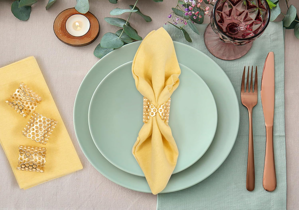 Gold Honeycomb Napkin Rings Set of 10 - Elegant Lightweight Metal Serviette Holders for Dining