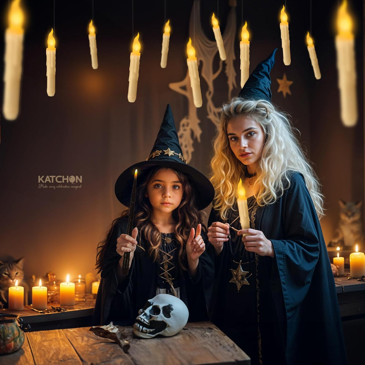 KatchOn, Halloween Floating Candles with Wand Remote - 12 Pcs, Magic Flickering Warm Light