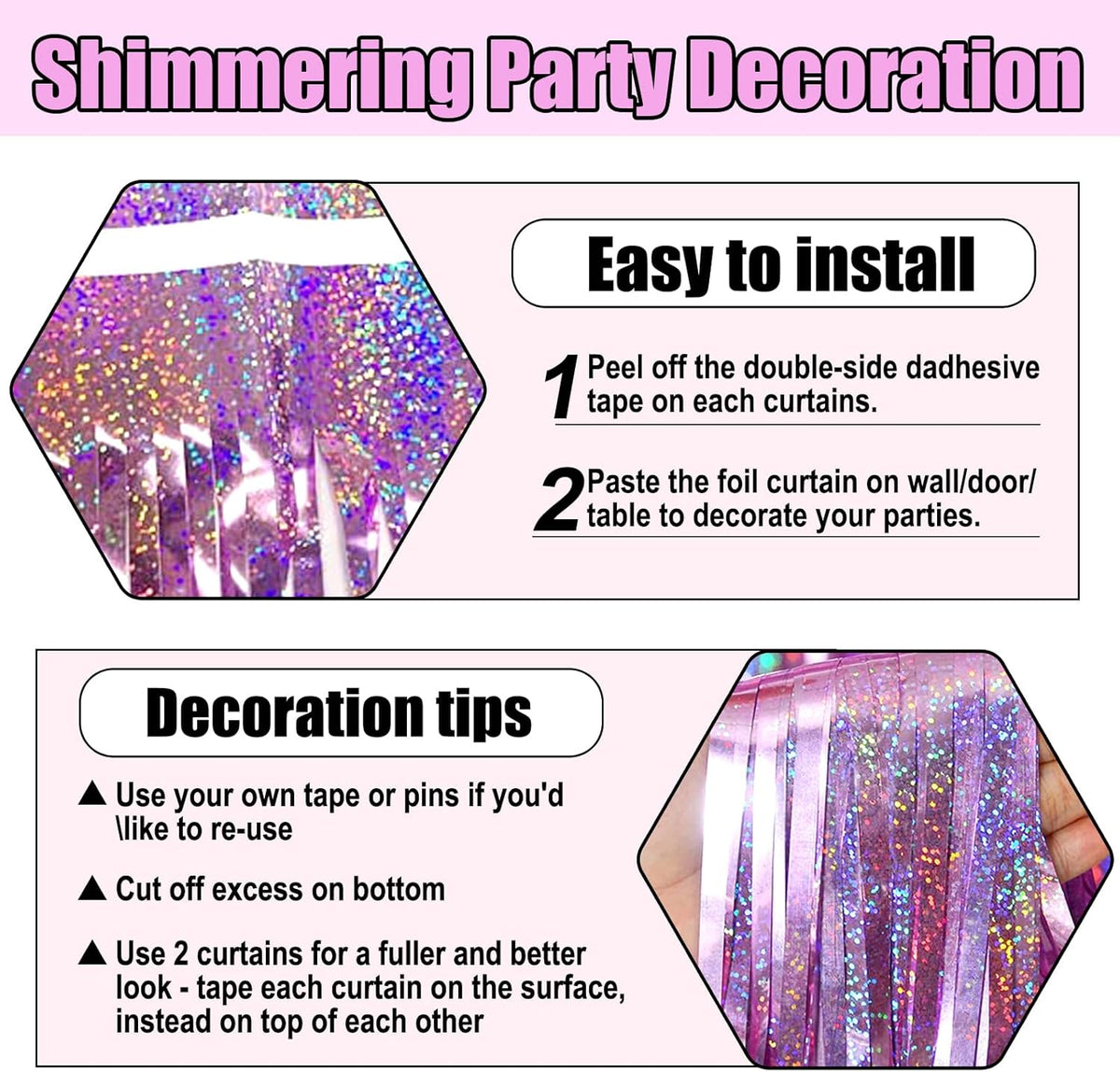 3 Pack Pink Foil Fringe Curtain Backdrop, 3.28Ft x 8.2Ft Metallic Tinsel Foil Fringe Streamer