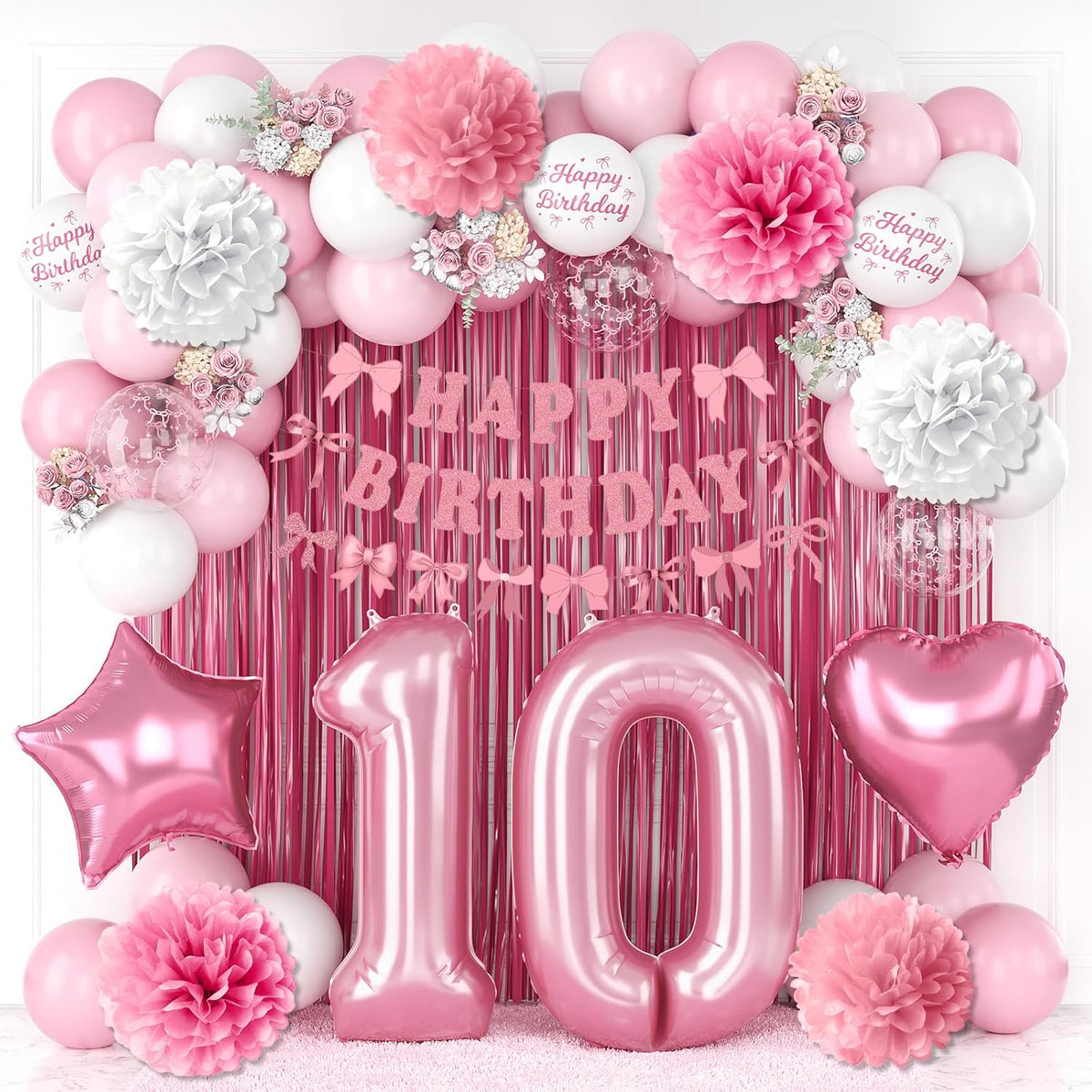 10th Birthday Decorations for Girls Pink Number 10 Balloon Bow Coquette Happy Birthday Banner