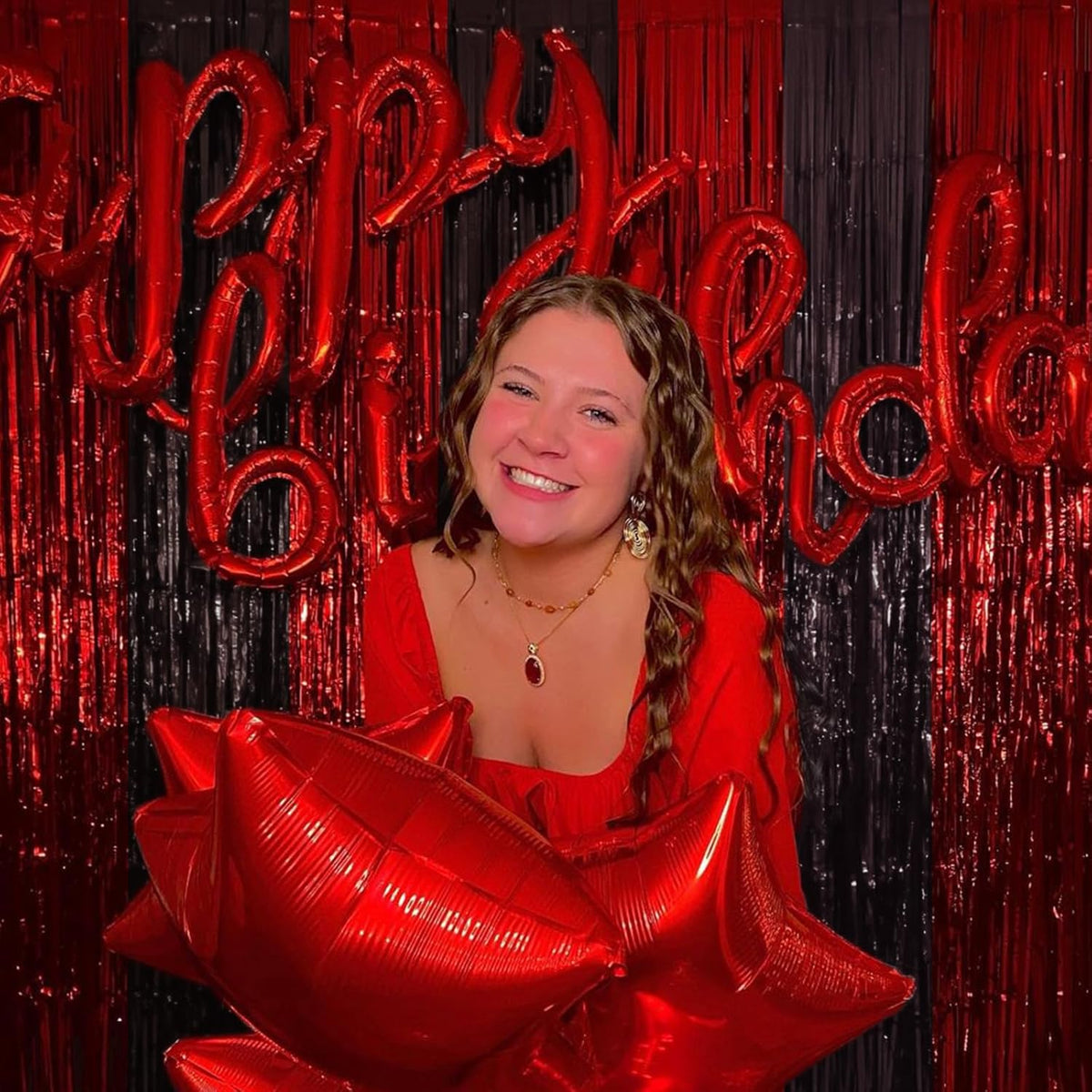 CANREVEL 2 Pack 3.3x8.2 Feet Black and Red Foil Fringe Backdrop Curtains, Tinsel Streamers Birthday