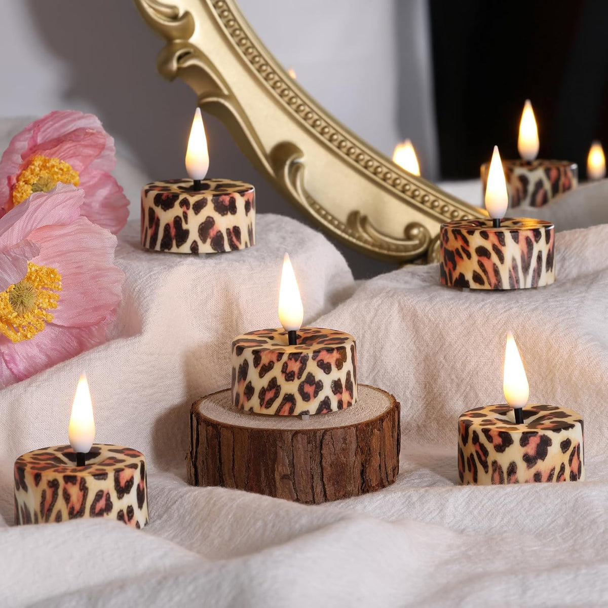 Eywamage Leopard Flameless Tealights with Remote Batteries Included, Flickering Plastic Cheetah LED