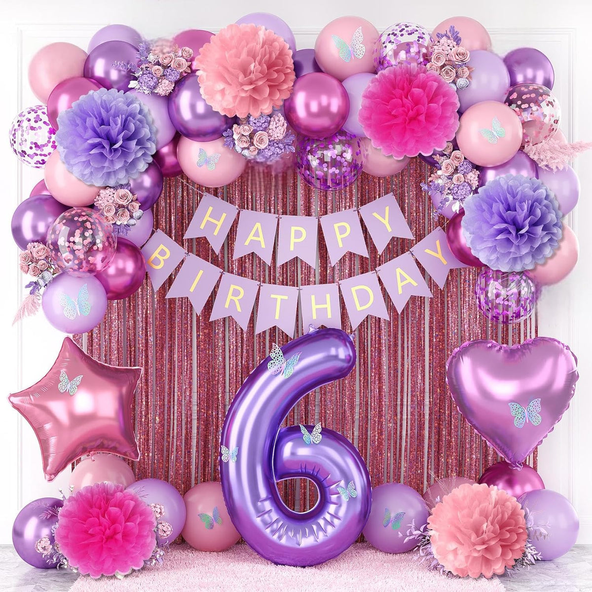 Pink Purple 6th Birthday Party Decorations for Girls Number 6 Balloon Happy Birthday Banner