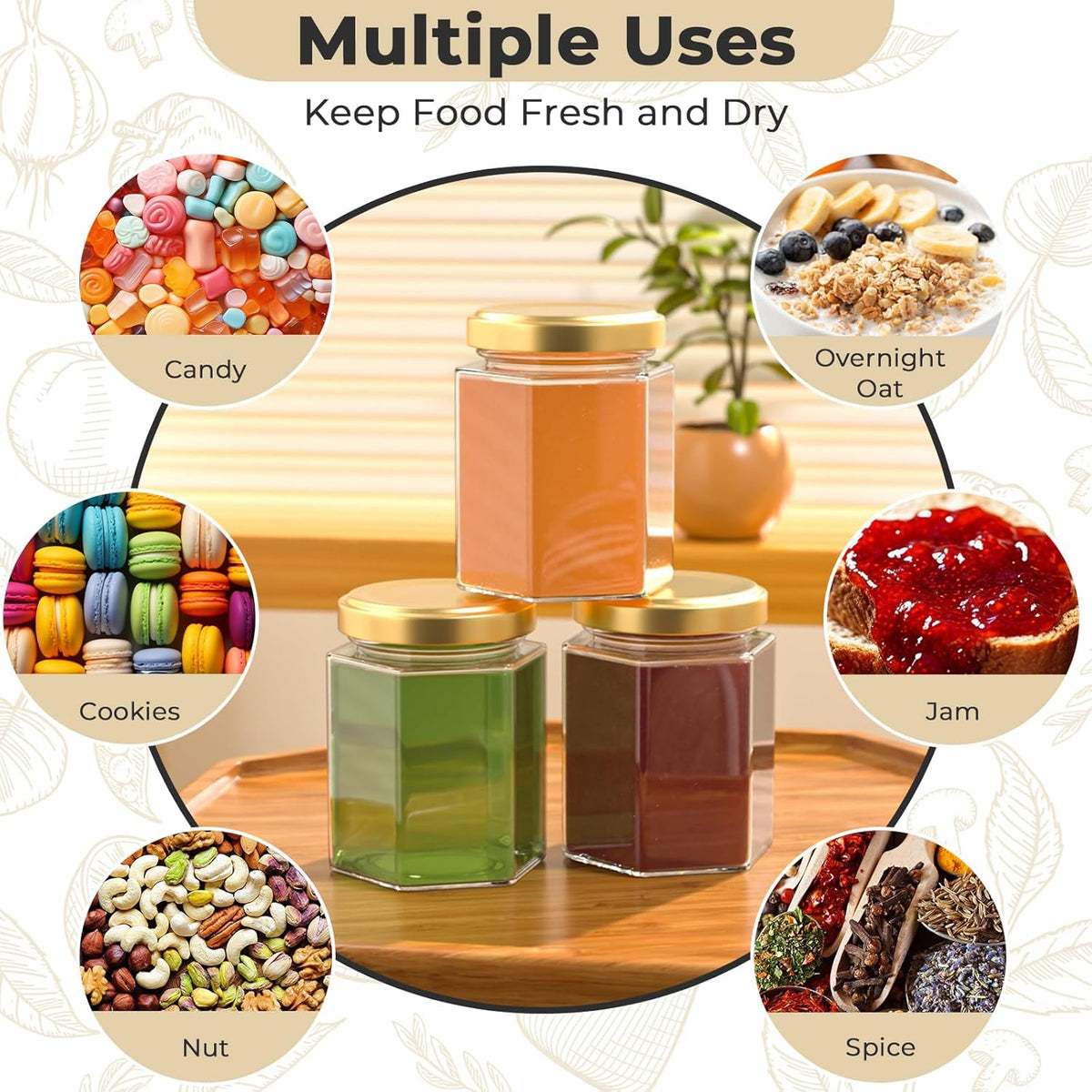 6 oz Hexagon Glass Jars with Gold Lids, 30 Pcs Canning Jars for Jam, Honey, Jelly, Candy, Candle