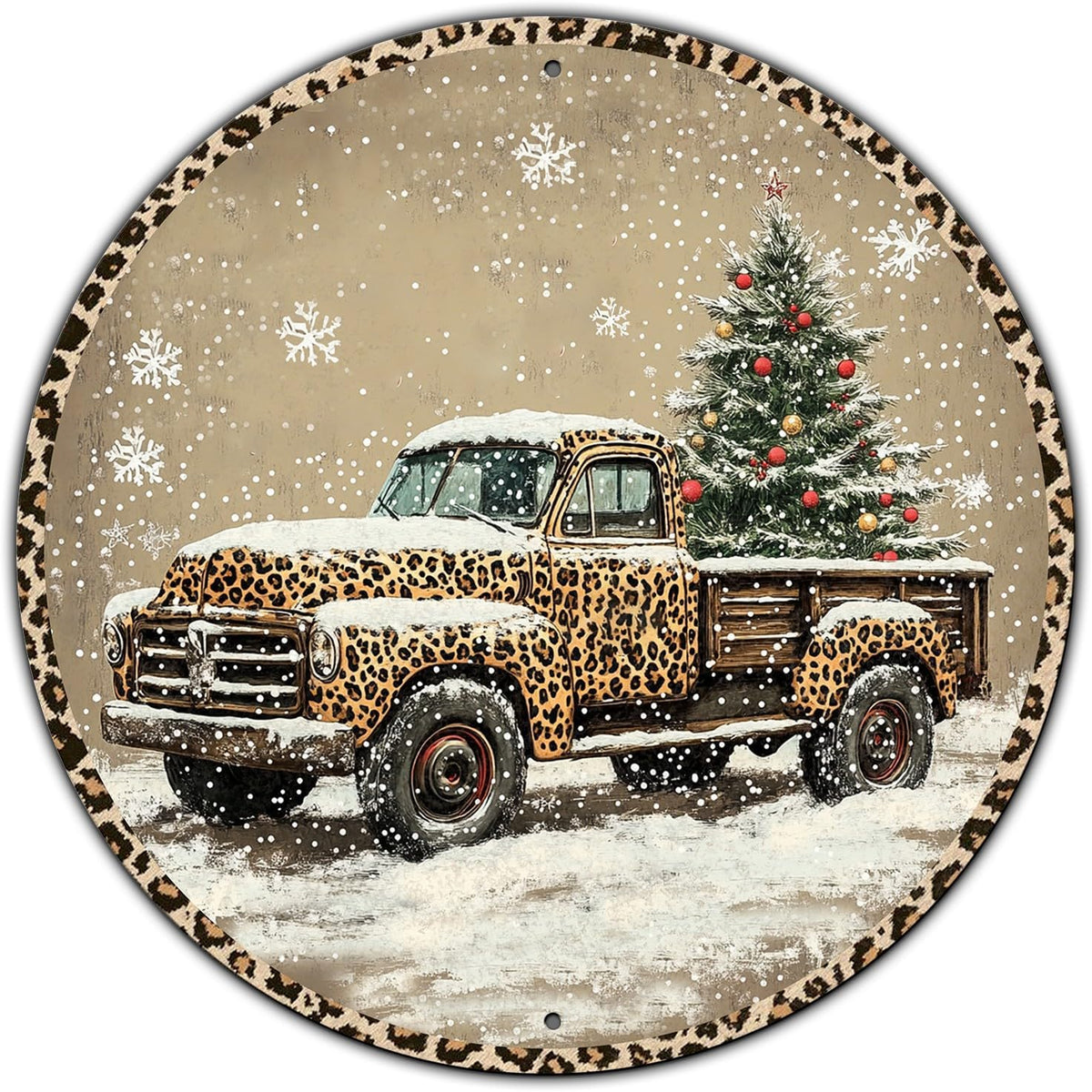 Round Leopard Truck Metal Tin Sign Rustic Wall Decor Christmas Wreath Sign Christmas Wreath Door