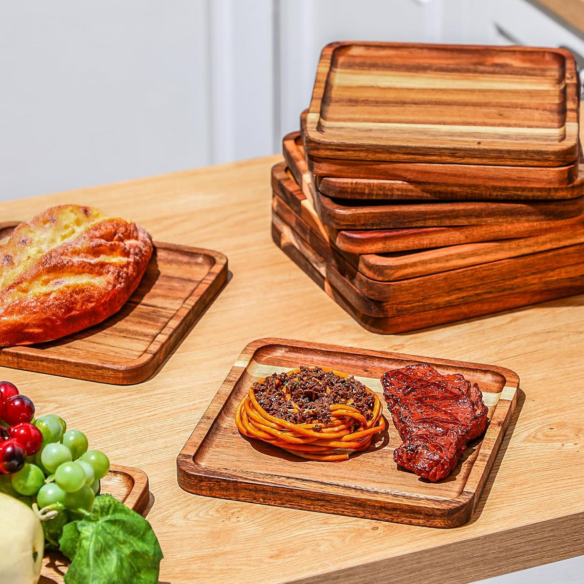 Roshtia 12 Pcs Wooden Plates Square Acacia Wood Charcuterie Board Wedding Dinner Serving Tray