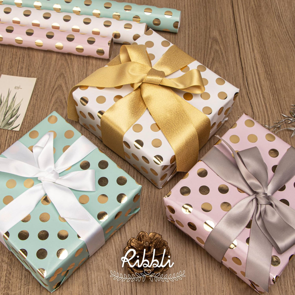 Ribbli Birthday Wrapping Paper Polka Dots Gift Wrap for Baby Shower Roll, 3 Rolls Pink White Blue