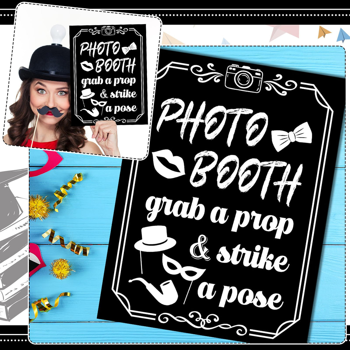 Briwooody Photo Booth Sign with Stand Retro Background Table for Indoor and Outdoor Party Theme