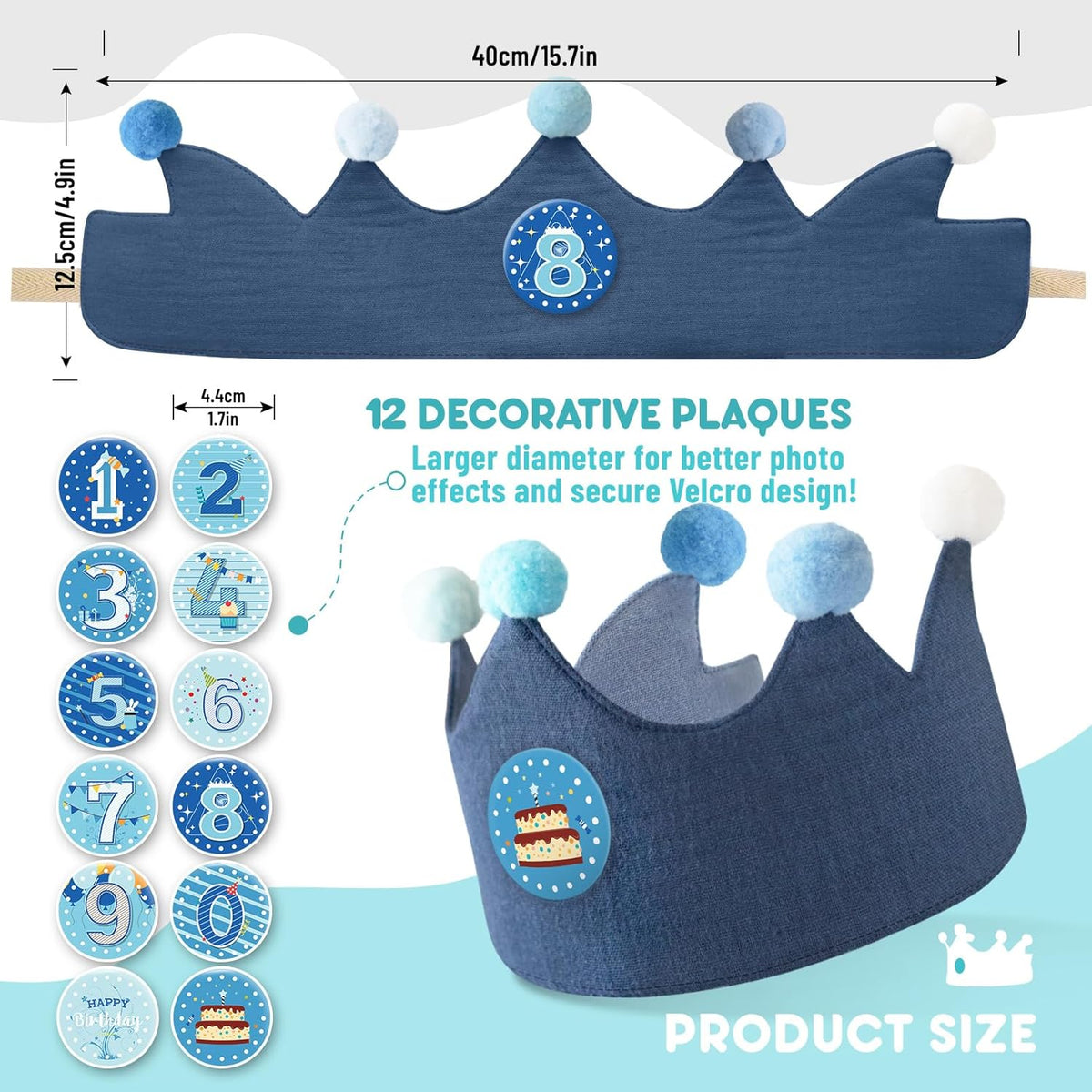 Reusable Birthday Crown with Numbers,Kids Birthday Hat Fabric Crown Pertain Kids Boy Toddler Girl