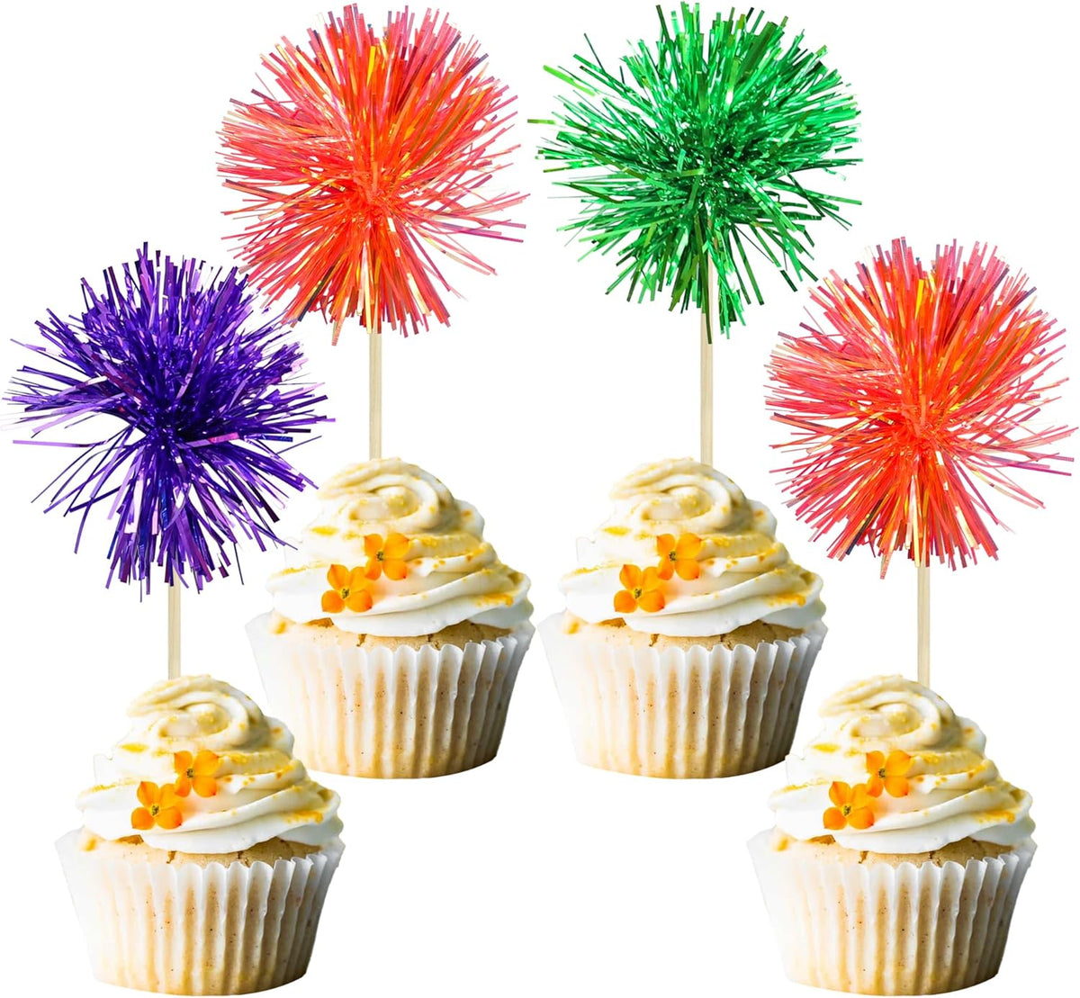 Gyufise 30Pcs Foil Firework Cupcake Toppers Sparkle Tinsel Cake Toppers Tinsel Drink Cake