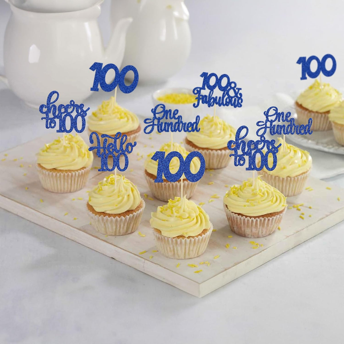 30pcs Happy 100th Birthday Cupcake Toppers - Deep Blue Glitter One Hundred Cheers to 100 Years Old
