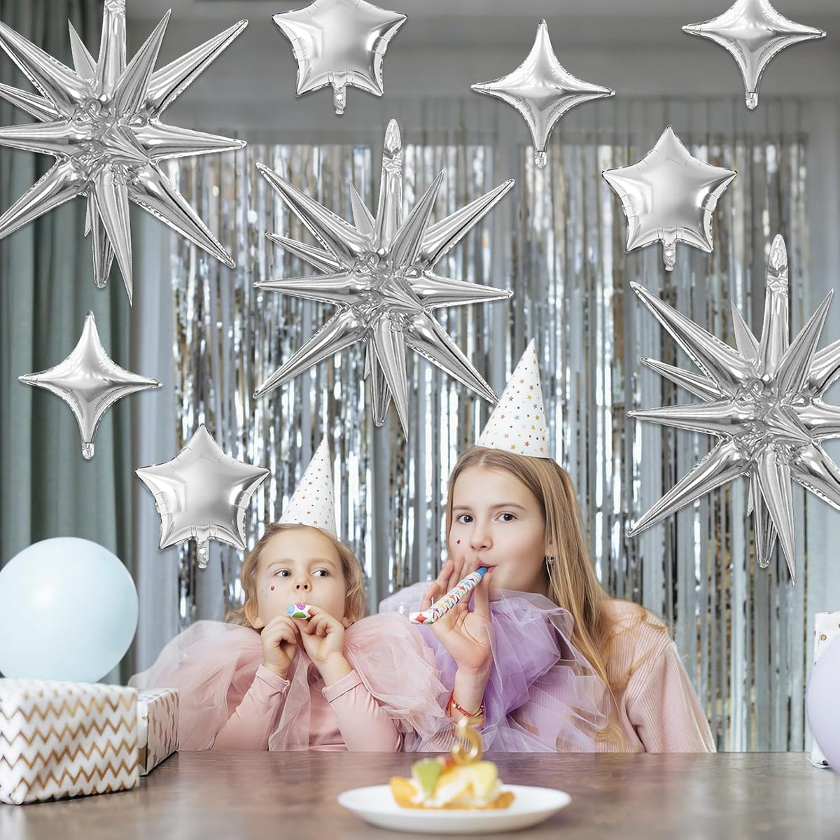 Silver Star Balloon,16Pcs Star Foil Balloons Set with 22Inch Explosion Spike Cone Balloons and