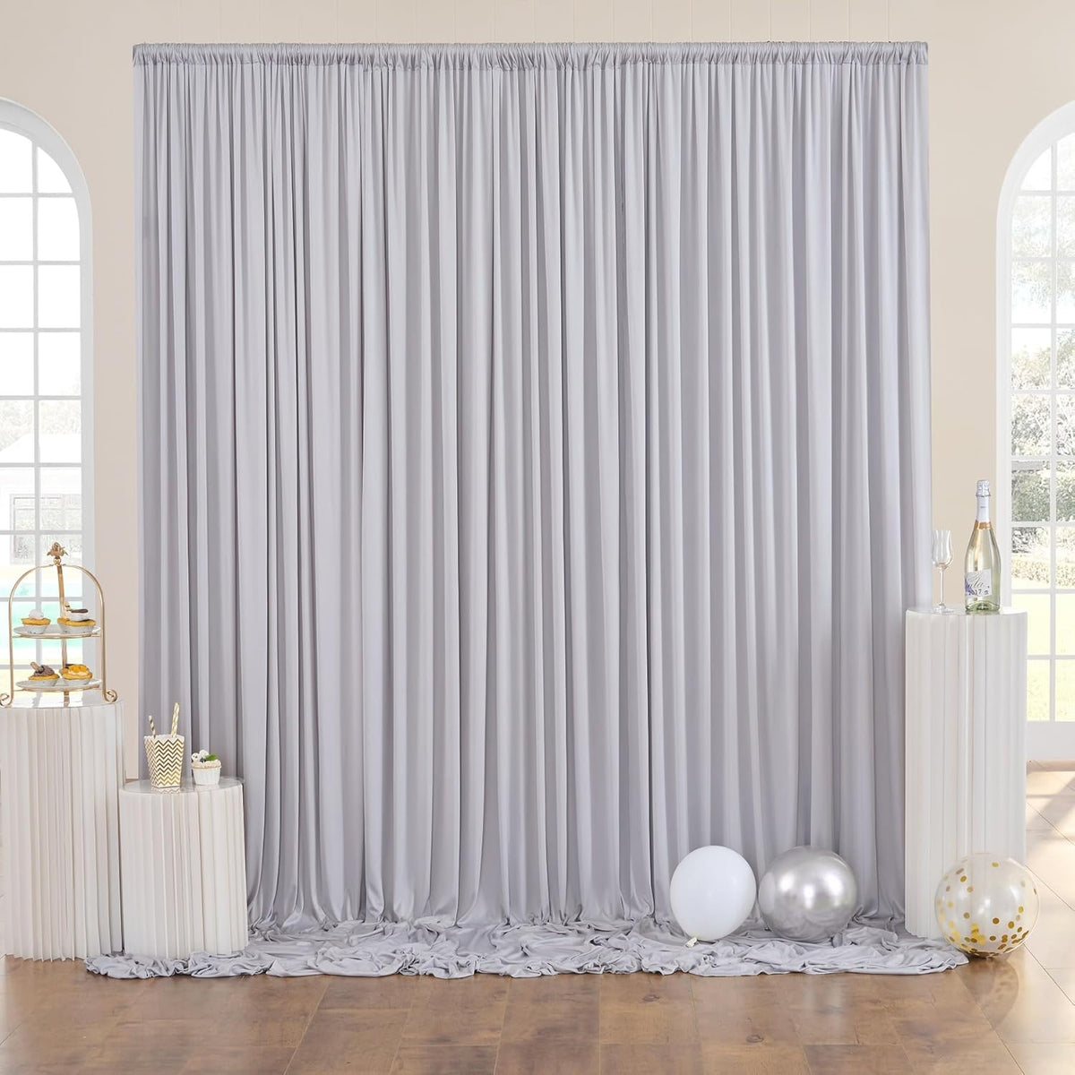 10 ft x 10 ft Wrinkle Free Silver Backdrop Curtain for Parties, Polyester Silver Grey Backdrop