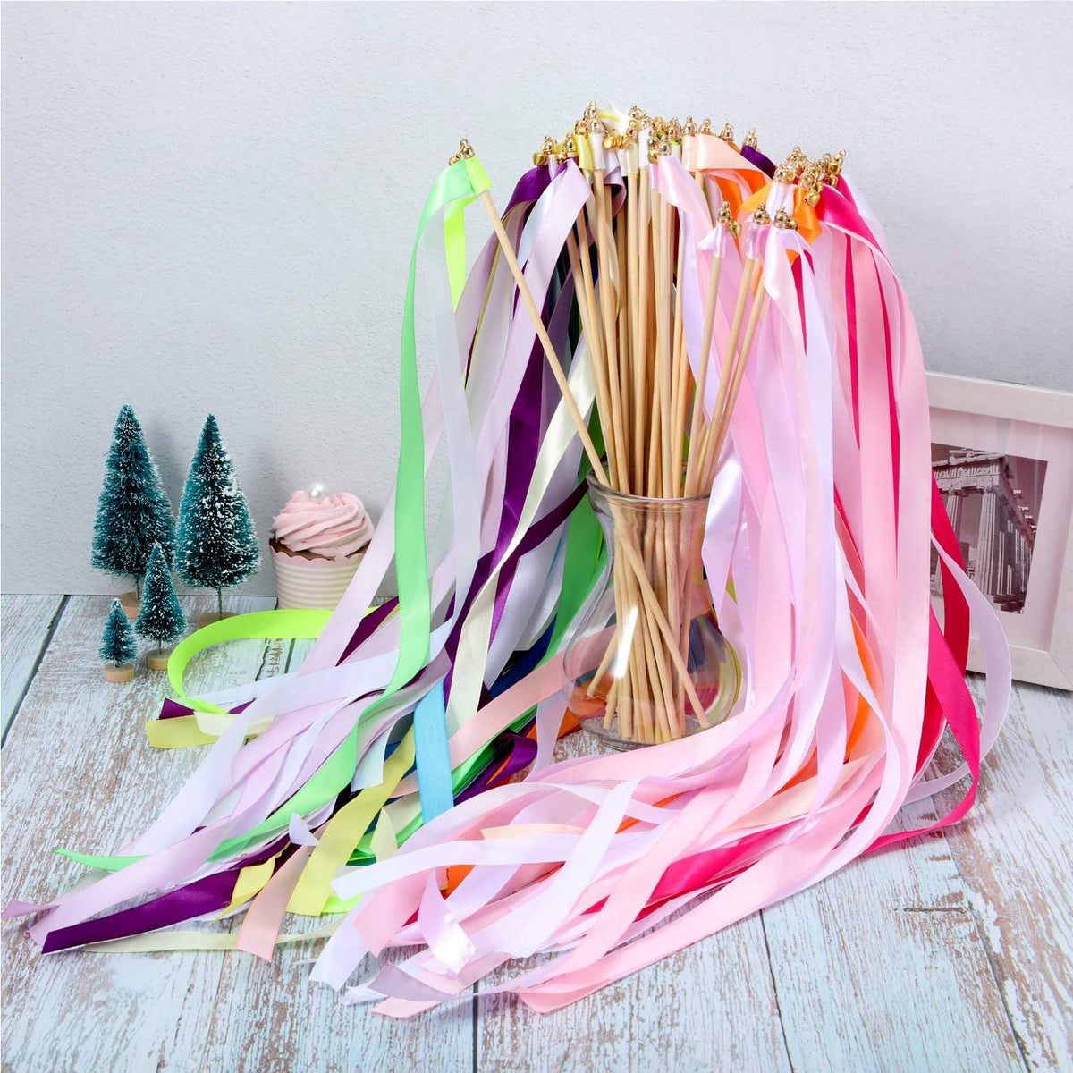 Boao 40 Pieces Mixed Color Ribbon Sticks with Bell, Ribbon Sticks for Stick Party, Streamers for