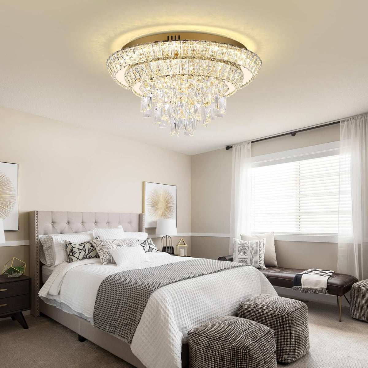 18 inch Crystal Gold Ceiling-Light Flush Mount with Remote Control and APP, 3CCT Dimmable &