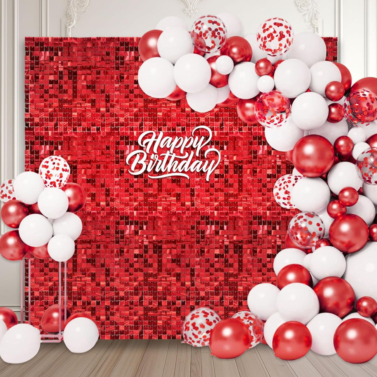 24PCS Red Shimmer Wall Backdrop, Laser Square Sequin Photo Backdrops Panel, Glitter Wall Background