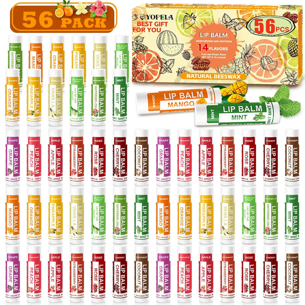 Yopela 56 Pack Natural Lip Balm in Bulk with Vitamin E and Coconut Oil - Moisturizing, Soothing
