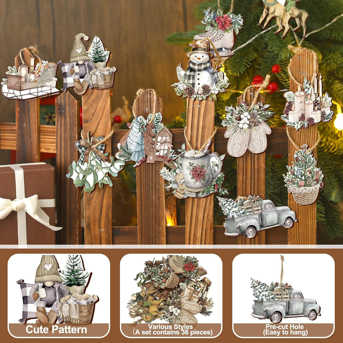 Suzile 36 Pcs Christmas Wooden Ornaments Vintage Christmas Tree Ornaments Xmas Decorations for Tree
